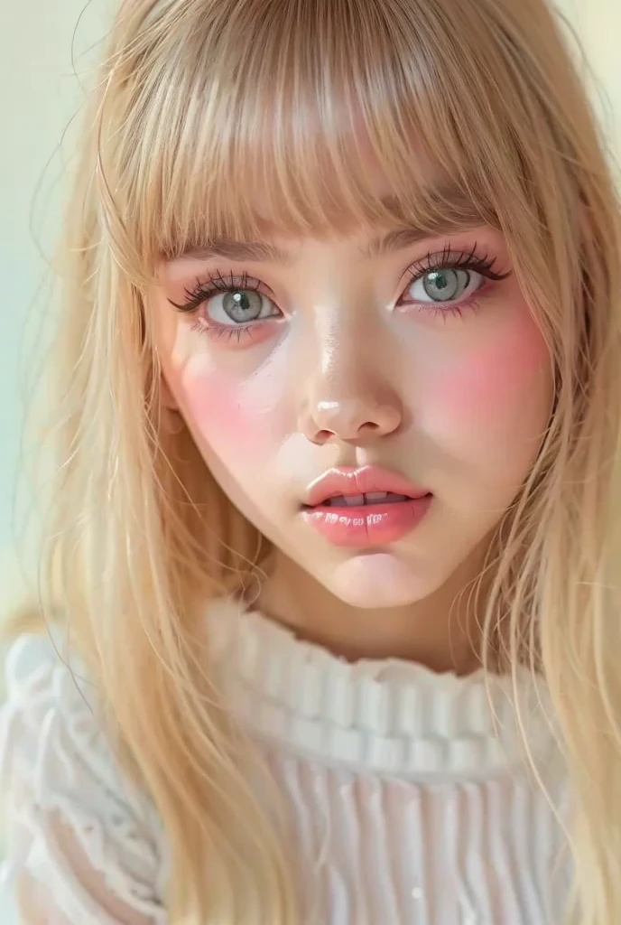   detailed portrait of a teenage girl piercing blue eyes with thick eyelashes , Super detailed,  photorealistic ,  perfect face, Front View, thick eyelash piercing blue eyes ,  Real Skin,  pink medium length hair with bangs  ,  white high waisted pleated skirt  , Indoor Settings, White Room Background, Natural Light, Soft Shadows,  Cozy and relaxed vibe 