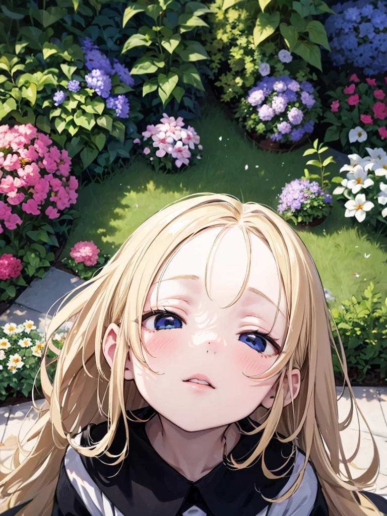 toddler,1girl,,,Very long blonde hair,Blue Eyes,Pale skin,Detailed beautiful eyes,(small eyes:1.4),(forehead:0.6),messy hair,,garden,,,overhead shot,,,Beautiful white dress,Yokozuwari,,,,boredom,,,(head tilt:1.3),,,,,,,puppet,,,,,,,