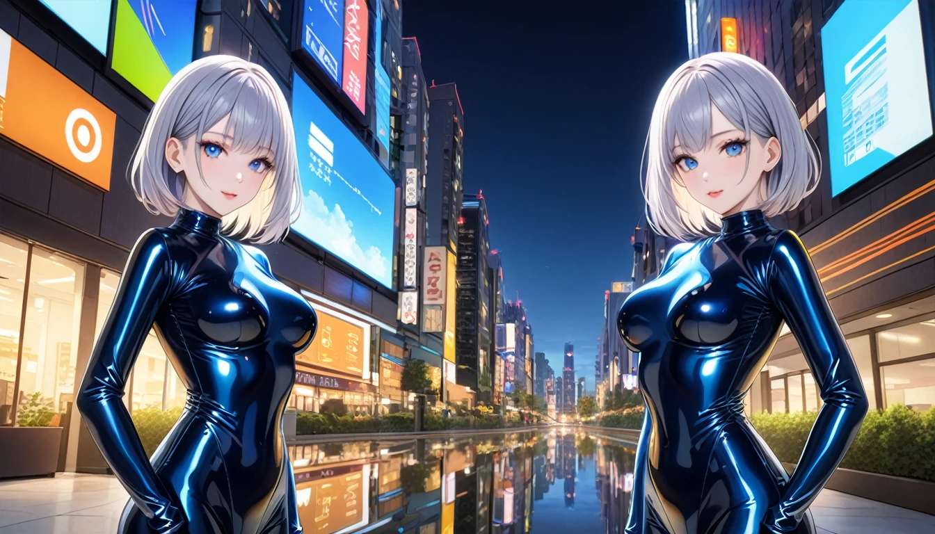 (Multiple girls),(最High image quality, 8k, masterpiece:1.3), (24 years old:1.5), (Grey Hair), ( bob cut ), (Oblique sky blue eyes), ((Full body latex suit、Gloss、blue、yellow line、no zipper 、Rubber Suit、Gloss、reflection、Perfect fit、Full body shot、City、Office District)), ([Ultra Clear:1.5), (Glossのある肌:1.1),(Pale skin:1.1),High image quality、Clear contours