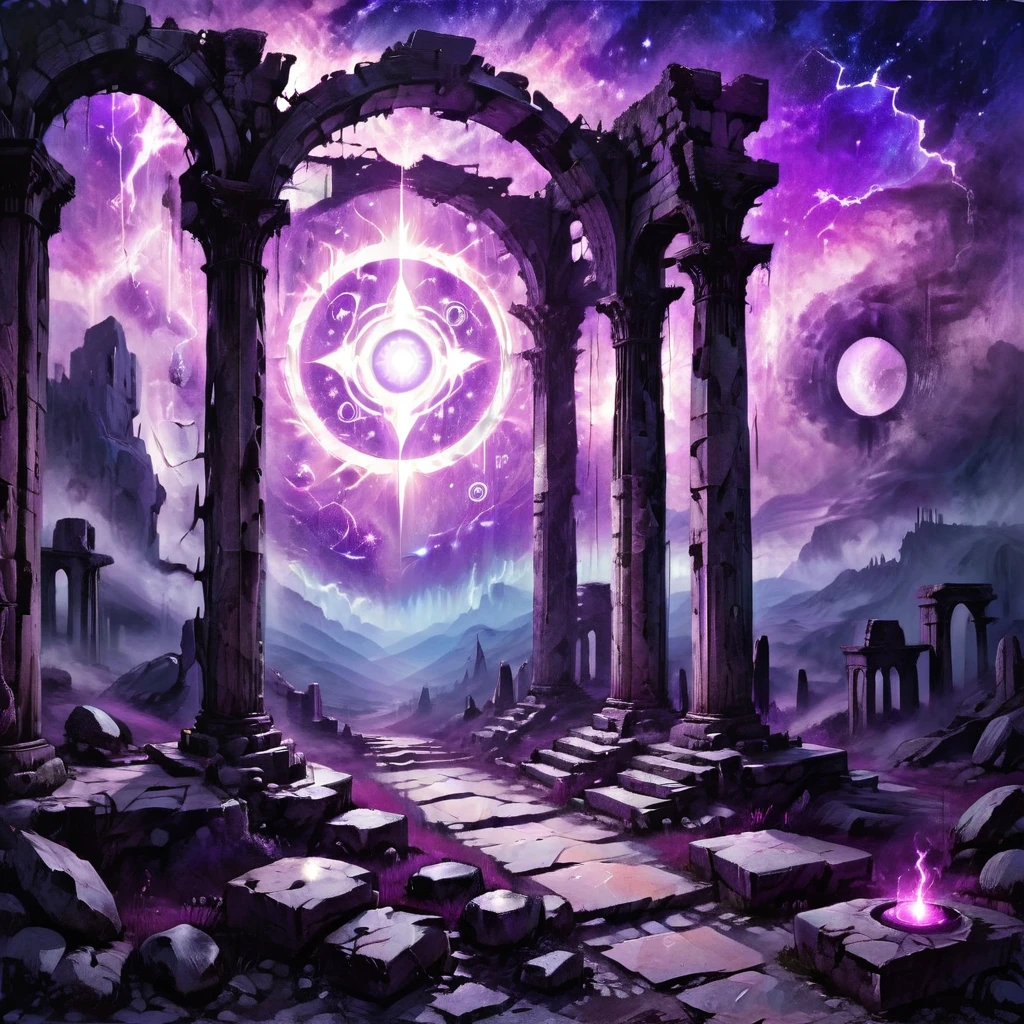 An area of ancient ruins on a deserted hill, with broken columns and stone walls covered with mystical symbols. In the middle of the scenario, a portal with a glow of magical energy, as if it led to another dimension. The landscape is wrapped in fog, with a twilight sky in shades of purple and red, and lightning of magical energy between the ruins. The atmosphere is intense and mystical, with long shadows and a sense of hidden power in the dark and vibrant colors of the scenery. CGI style.