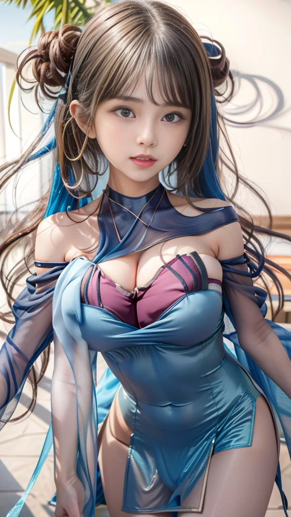 1，(((1 girl, bishoujo，Squeeze chest，beautiful girl,  ((curls: 1.2)+(Fine hair:1.2)), Off-shoulder，cleavage cutout，Shocked，open cloths，(((sexy:1.2)))，(((Strapless:1.2)))，Vibrant colors，Neon style，Exposed breasts，Pure and sexy，(Tights:1.2)，(See-through clothing:1.2))))，glamor，dynamic pose，curvy, number,  Very Detailed , Finely,  perfect dynamic composition ,  Fascinating Posture，(Sexy body:1.1)，masterpiece, best quality, high resolution, 8k, HDR, raytracing, detailed shadows, (hyperdetailed:1.0)，1