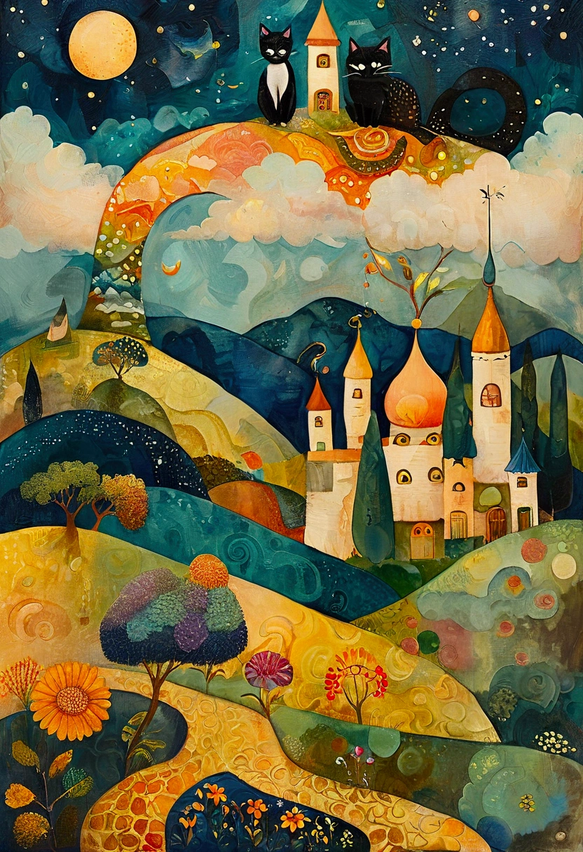 Overlaid texture on roughly woven canvas. naif folk art. oil and watercolor. stylized figures. A woman, together with her two cats is on a sofa suspended on a cloud, reading a book . Autumn landscape with mountain hills, paths that move in many directions, with castles, towers, arches, stairs that climb into the sky. Surreal dream world. dreamy colors and textures, evoking a sense of freedom
