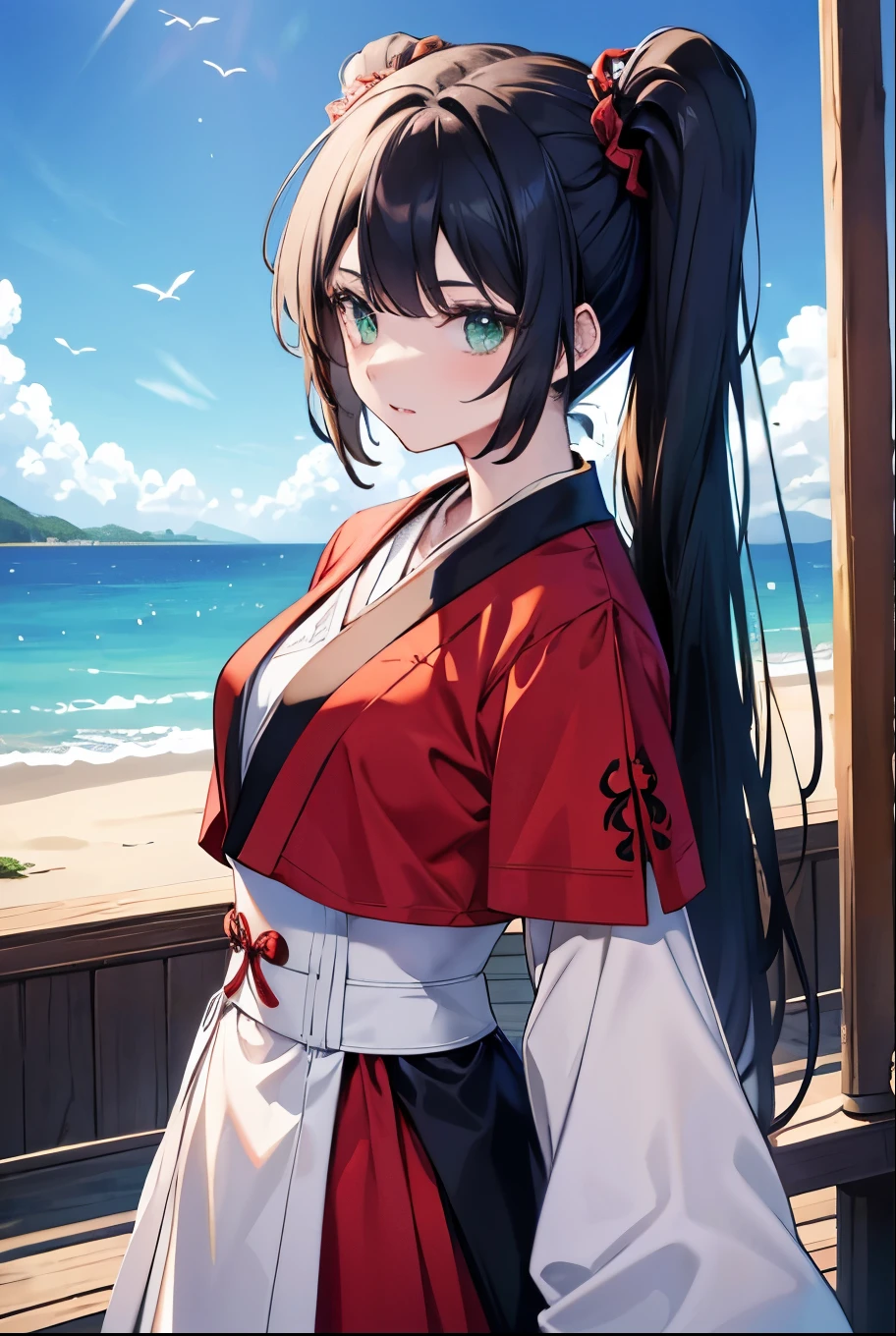  Black Hair ，  green eyes  ，，Long hair ，  Twin ponytails，pretty Woman， Red Hanfu Armor，Seaside background，Medium breasts