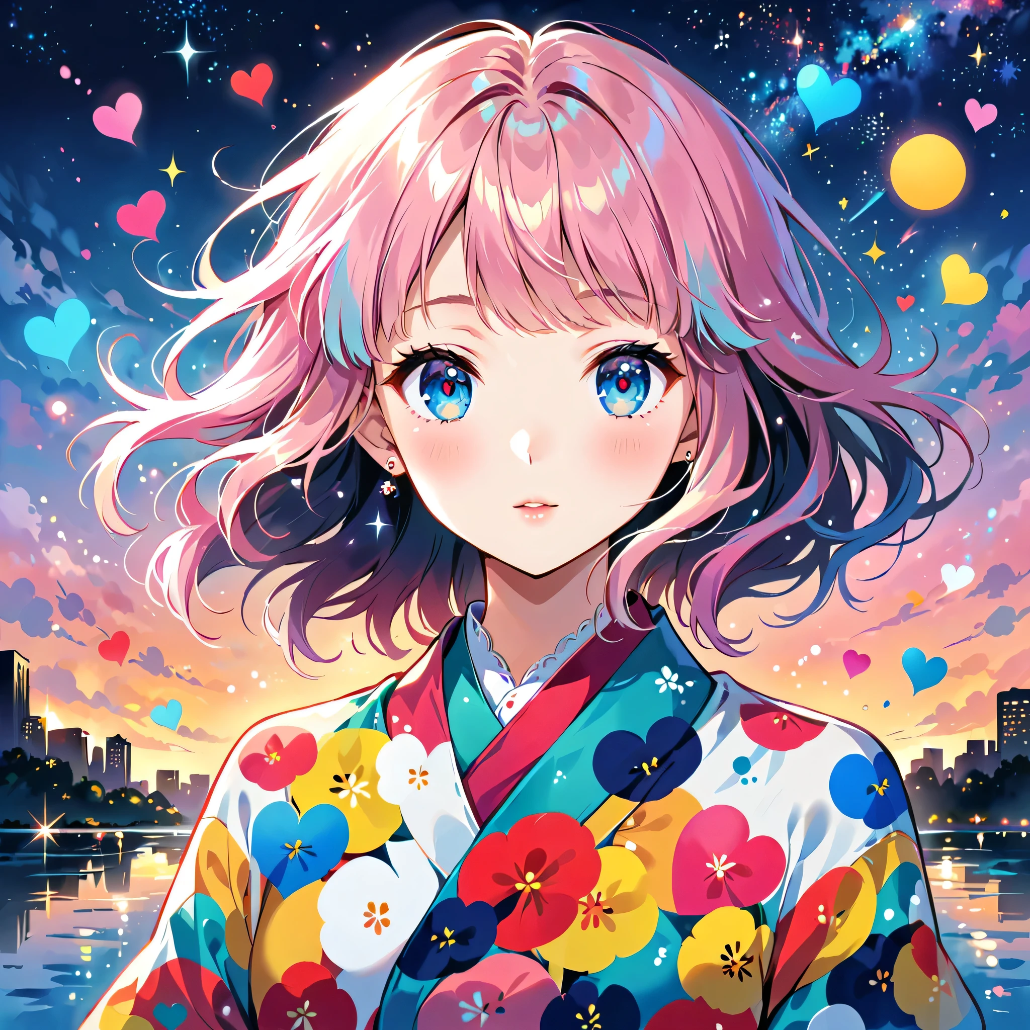 Yayoi Kusama Pink and White style, Simple Line Initialism，Abstract art，Urban Background, (((The most beautiful girl of all time))),  Lips in love, colorful hearts, stylish design, Starry Night