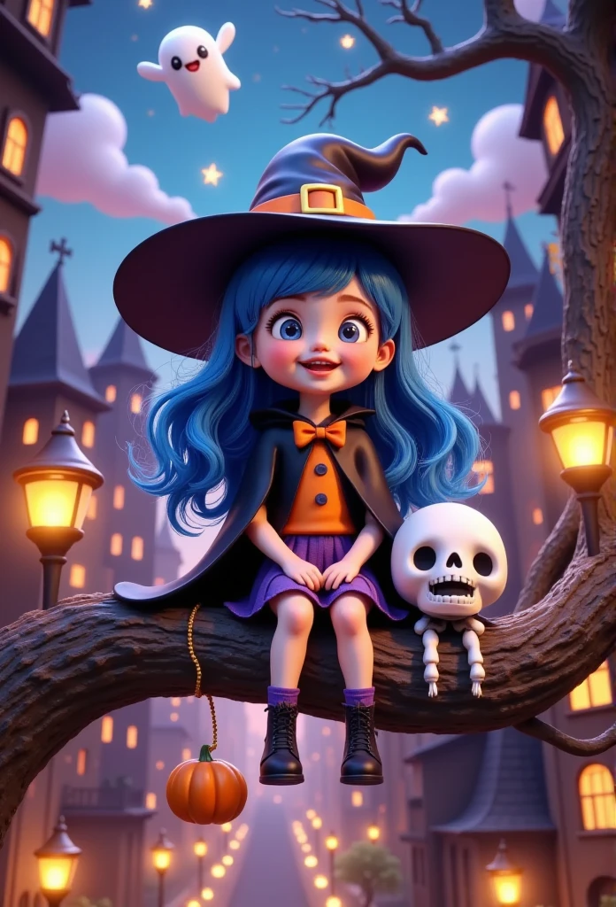  Pixar Style ,3d cartoon style,Halloween Night,  A girl in a black cape wearing a playful witch hat  ,Long blue hair fluttering in the wind,Sitting in a tree,   Next to it is a cute mini big-eyed skull with white bones and a black bow tie,  A clever blend of surrealist elements and modern cityscapes  ,  creates a strong visual impact and attention-grabbing attention  . look up,pop Mart 让 ,Smooth and meticulous,Clay Materials,Octane Rendering, superdetail,8K