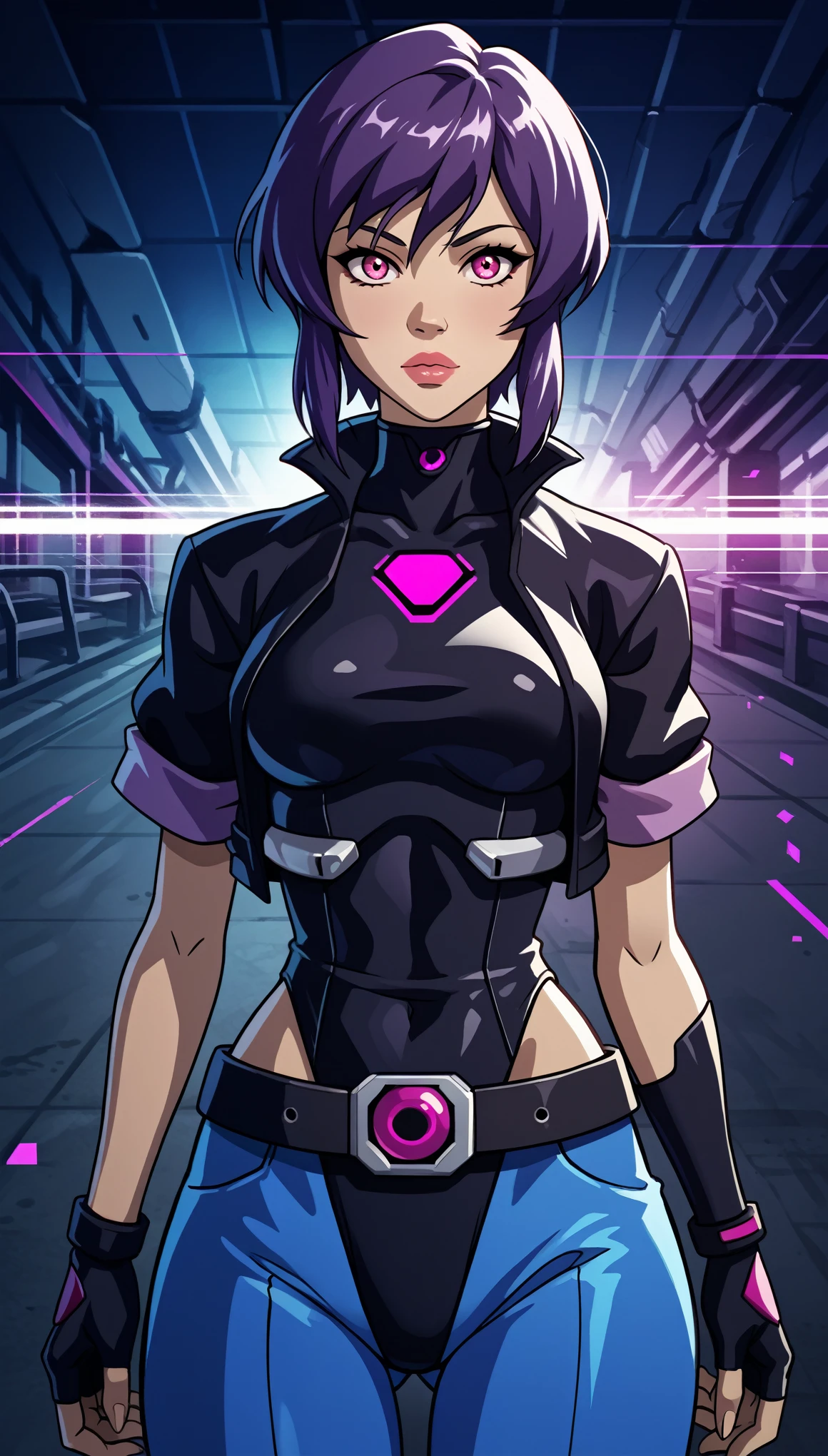 (zPDXL2), (PonyXLV6_Scores), source_anime, source_anthro, source_furry, Expressiveh, three-quarter portrait, asymmetric image, BREAK
4v4t4r,
chromatic aberration, glitch,
portrait of motoko, purple hair, short hair, lips, cyborg, pink eyes, medium breasts, cropped jacket, black jacket, collared jacket, short sleeves, fingerless gloves, black gloves, black leotard, 
looking at viewer,
highleg leotard, hip vent, blue pants, belt, kusanagi motoko, [front view:side view:0.5]