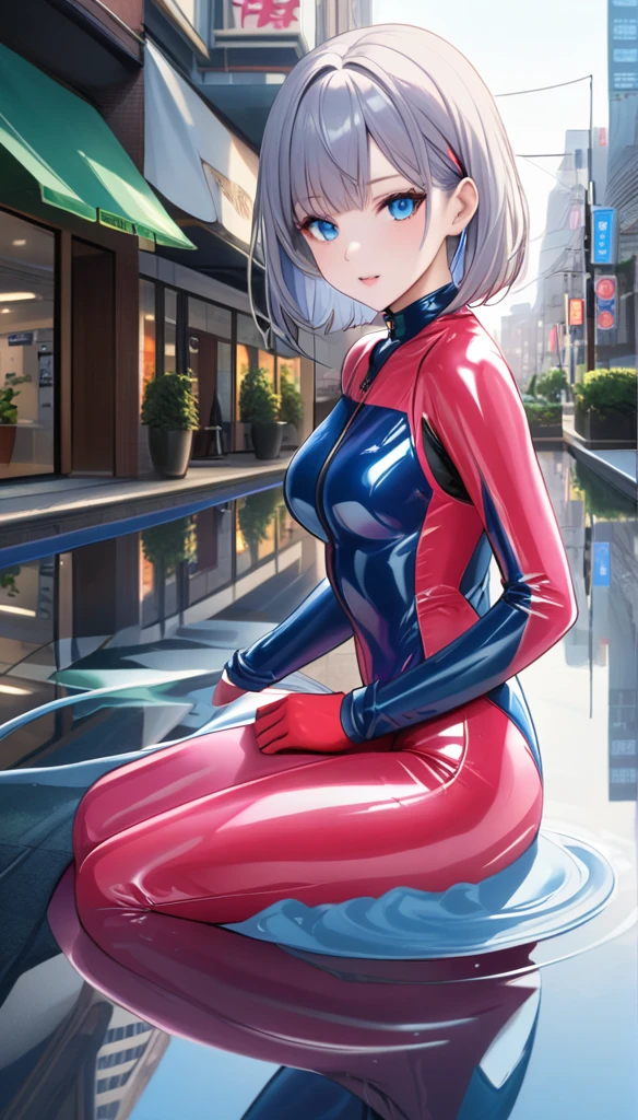 (Multiple girls),(最High image quality, 8k, masterpiece:1.3), (24 years old:1.5), (Grey Hair), ( bob cut ), (Oblique sky blue eyes), ((全身Rubber Suit、blue、yellow line、The line from the base of the foot to the chest、no zipper 、Rubber Suit、Gloss、reflection、Perfect fit、Full body shot、City、Office District)), ([Ultra Clear:1.5), (Glossのある肌:1.1),(Pale skin:1.1),High image quality、Clear contours