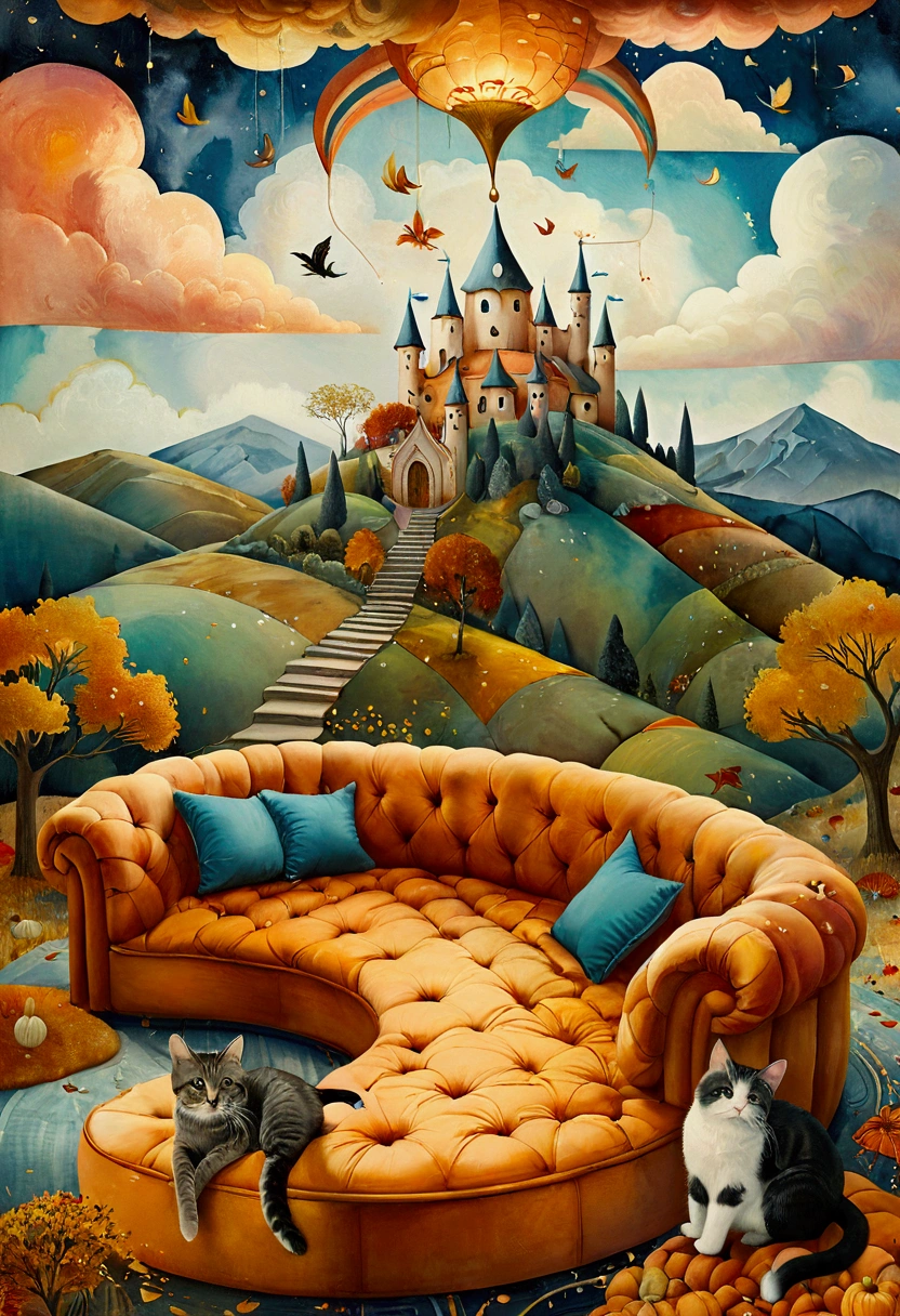 Overlaid texture on roughly woven canvas. naif folk art. oil and watercolor. stylized figures. A woman, together with her two cats is on a sofa suspended on a cloud, reading a book . Autumn landscape with mountain hills, paths that move in many directions, with castles, towers, arches, stairs that climb into the sky. Surreal dream world. dreamy colors and textures, evoking a sense of freedom
