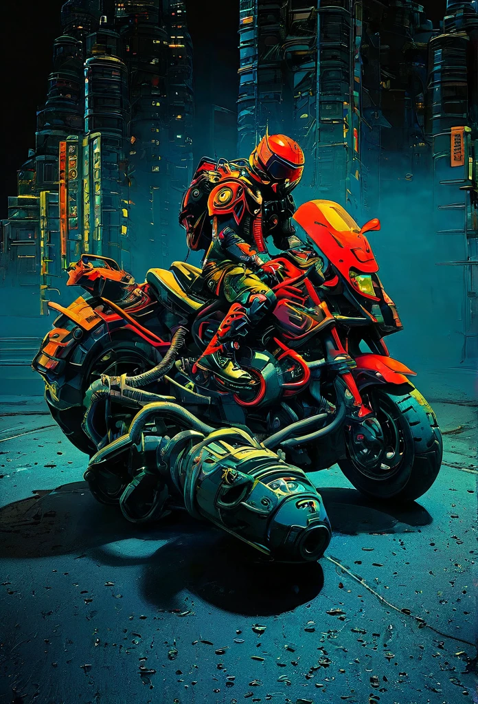 detailed cyberpunk motorcycle, futuristic motorcycle, riding on the road, motorcycle from behind view, 1 person riding motorcycle, intricate details, high resolution, 8k, photorealistic, hyper detailed, cinematic lighting, dynamic motion blur, gritty urban environment, neon lights, glowing cybernetic elements, chrome accents, weathered texture, mecha-inspired design, complex machinery, industrial cityscape, moody color palette, (mejor calidad,4k,8K,high resolution,obra maestra:1.2),ultra detallado,Sharp focus,(realista,photorealista,photo-realista:1.37), extremadamente finos,detalles intrincados,intense lighting,dramatic lighting,changing lighting,cinematic lighting,chiaroscuro lighting,dramatic shadows,Dramatic moments,vivid colors,colores intensos,Contraste profundo,cinematic depth of field,cinematographic composition,cinematic camera angle