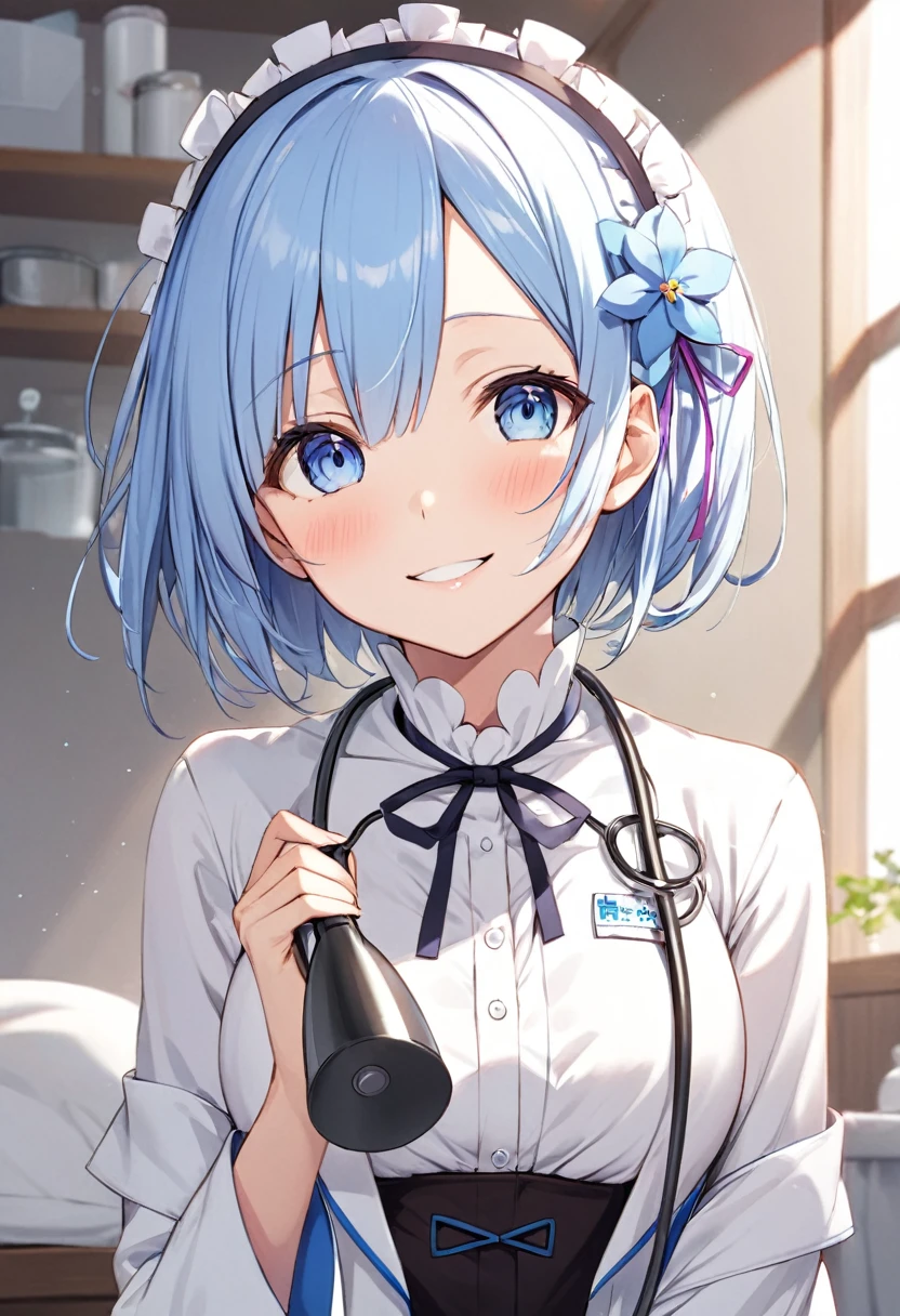 1girl, rem \(re:zero\), re:zero kara hajimeru isekai seikatsu,smile,((female doctor))