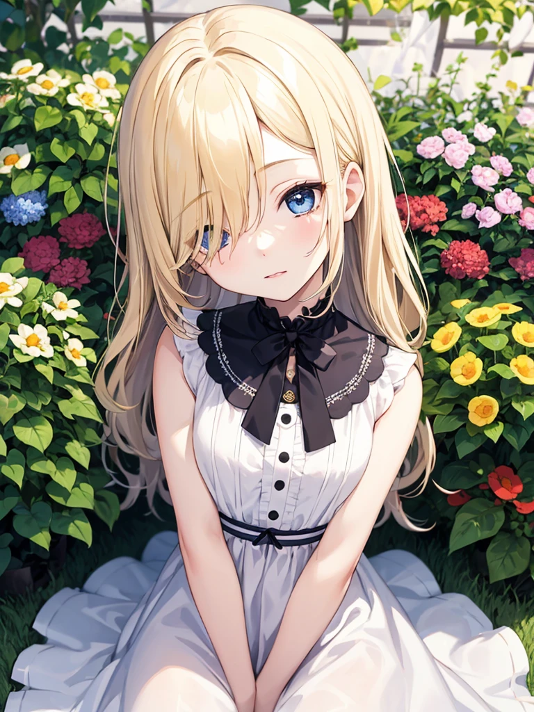 toddler,1girl,,,Very long blonde hair,Blue Eyes,Pale skin,Detailed beautiful eyes,(small eyes:1.4),(forehead:0.6),messy hair,,garden,,,overhead shot,,,Beautiful white dress,Yokozuwari,,,,boredom,,,(head tilt:1.3),,,,,,,puppet,,,,,,,