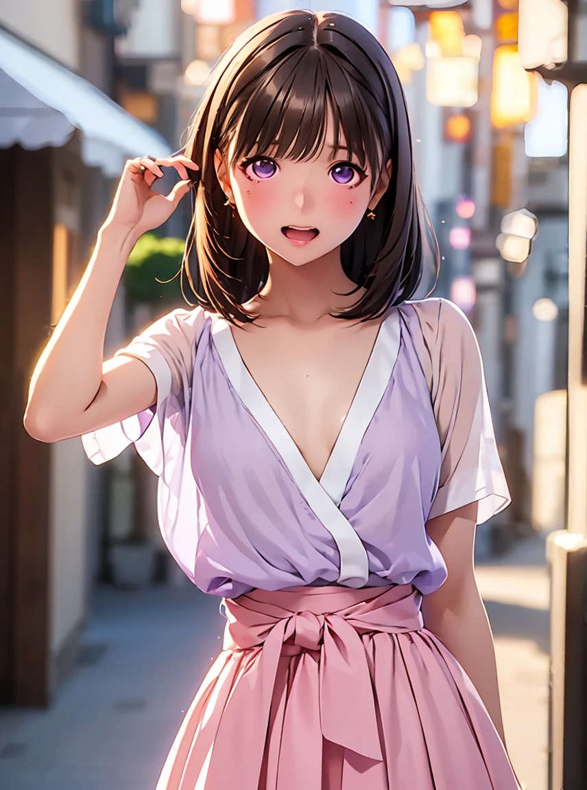   Kampala ,In 8K, best quality, Details,Semi-realistic anime, D Anime Style , Smooth Anime CG , one girl playing pranks,18 year old Japanese female,slim,modeling,VERY STRAIGHT HAIR ,  Pink Sparkling Lips ,  Glossy Black Hair , Detailsな顔,Beautiful and  Details, ,(( Glowing Amethyst Eyes Like Gems)),(Small breasts),(Open your mouth),( troubled face),( embarrassed face ),(( depth of field )),( has a blurry background), (( long skirt )),(yellow formal costume), ((Very small waist)),
