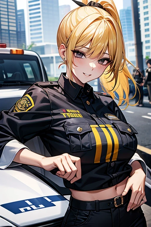 female, alone, Yellow hair, black eyes, sexy, sexy,   beautiful body , laugh, police, police 제복, police 모자,  ponytail,  bangs