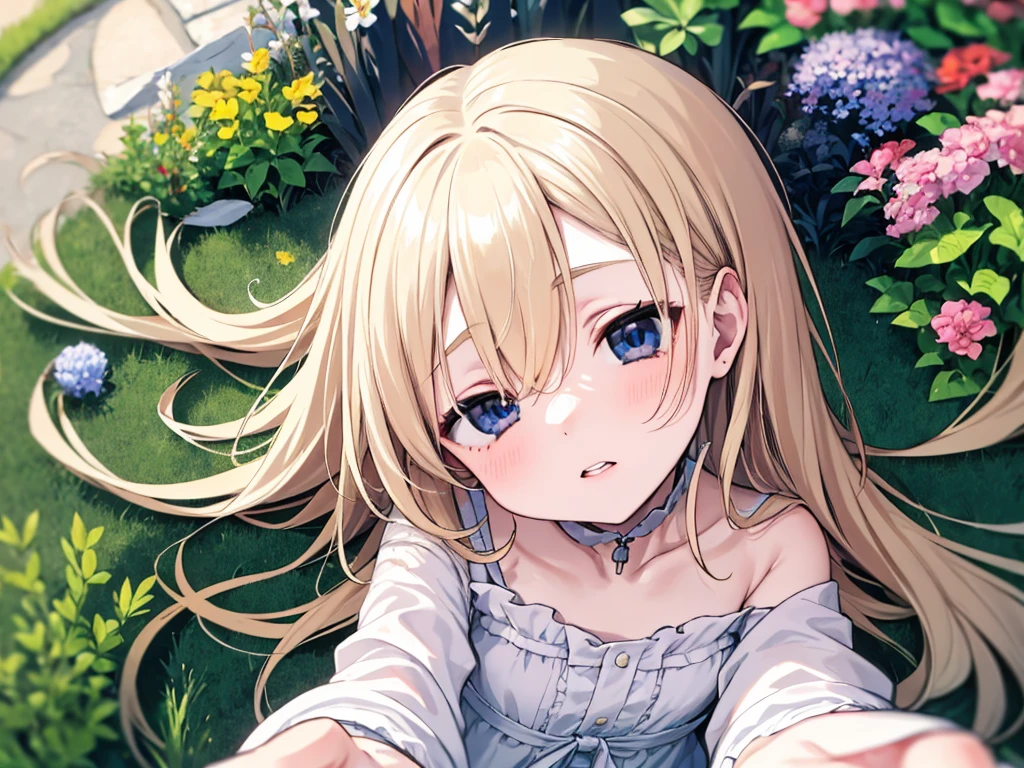 ,1girl,,,Very long blonde hair,Blue Eyes,Pale skin,Detailed beautiful eyes,(small eyes:1.4),(forehead:0.6),messy hair,,garden,,,overhead shot,,,Beautiful white dress,Yokozuwari,,,,boredom,,,(head tilt:1.3),,,,,,,puppet,,,,,,,