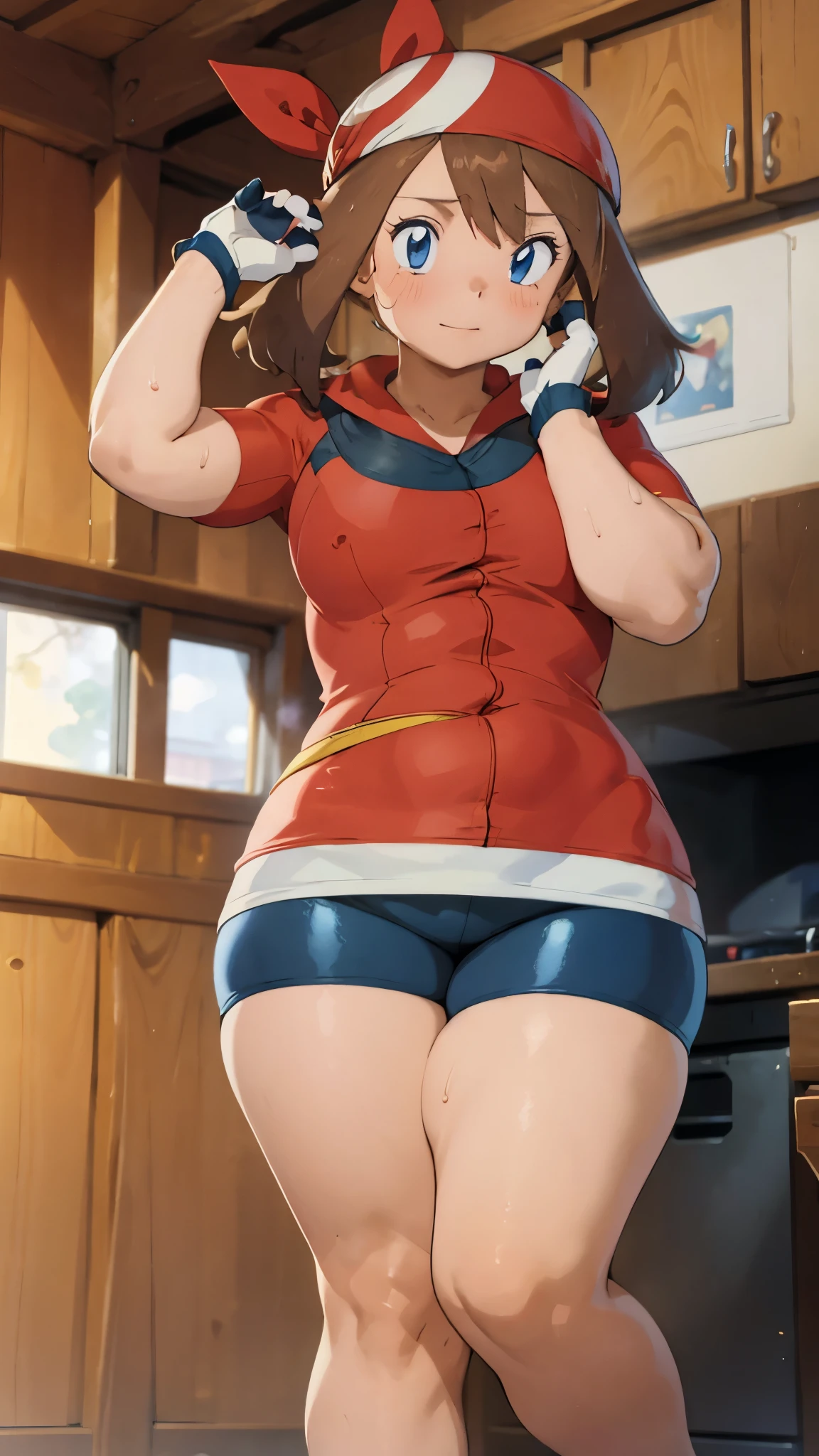  one girl wearing a red shirt and black bike shorts wearing bike shorts(( )),Brown Hair, blue eyes ,short hair,Chubby body,  enchanting looks  ,sweat,vapor,I'm wearing bike shorts,Brown Hair,Red Bandanaを頭に着けている,standing, raise your arms ,gloves,Blushed,Happy,Hands on head, open thighs,Thick thighs,wide abdomen,Red Bandana,