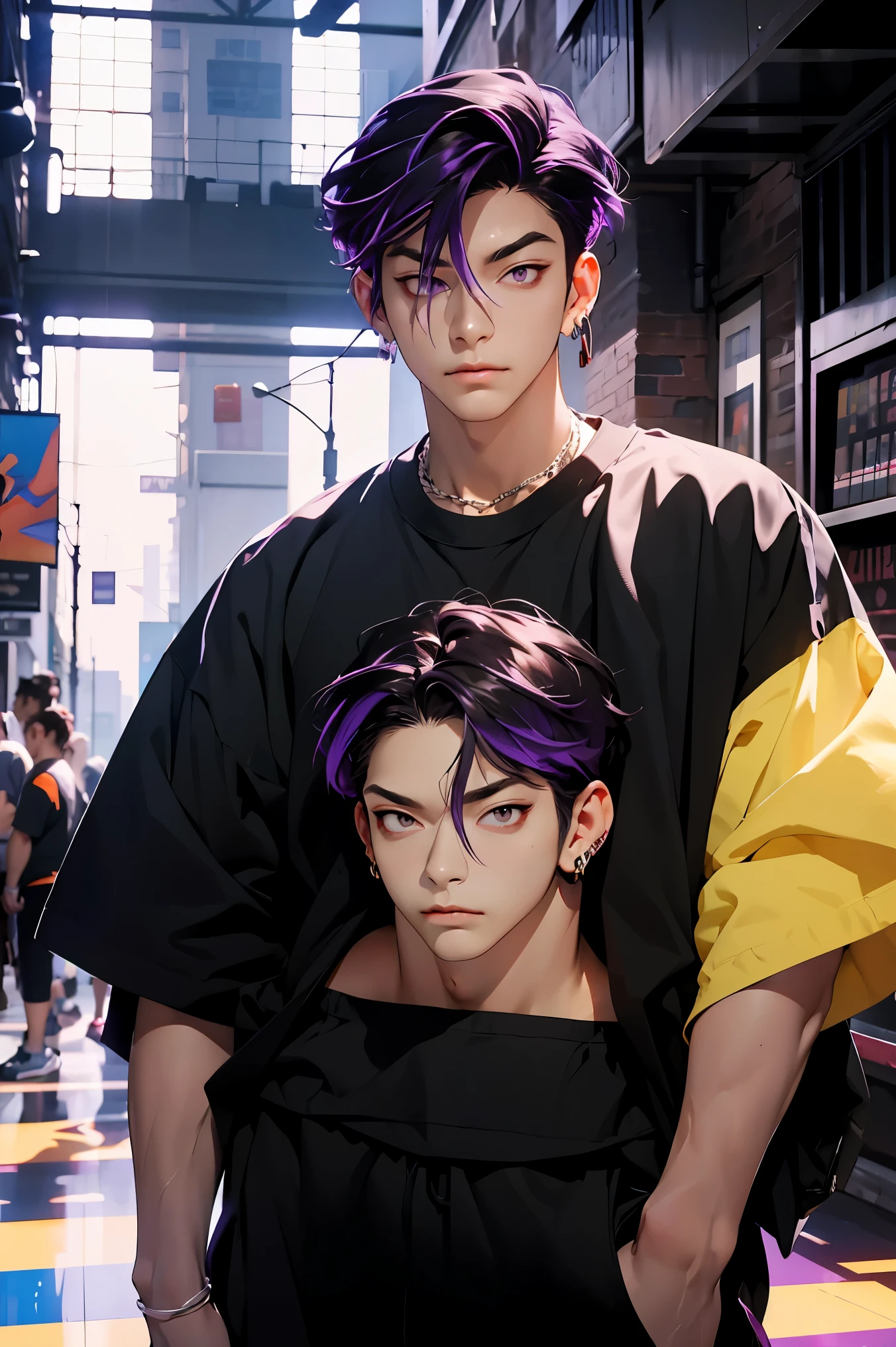 highest quality, 8K, high resolution image, anime style Jujutsu Kaisen, (Iori_suiseki), detailed strokes, bored look , blurred, purple light reflecting from it, 1 man, young, male, model, hand in pocket, cool guy, multicolored Background with various geometric shapes, around stickers, muscular,Black hair, purple eyes, multicolored hair, purple hair, hair between eyes, highlighted hair ,swollen chest, shirt, sweatpants, Background: big City, he's in a sports station, there are sports fans everywhere,