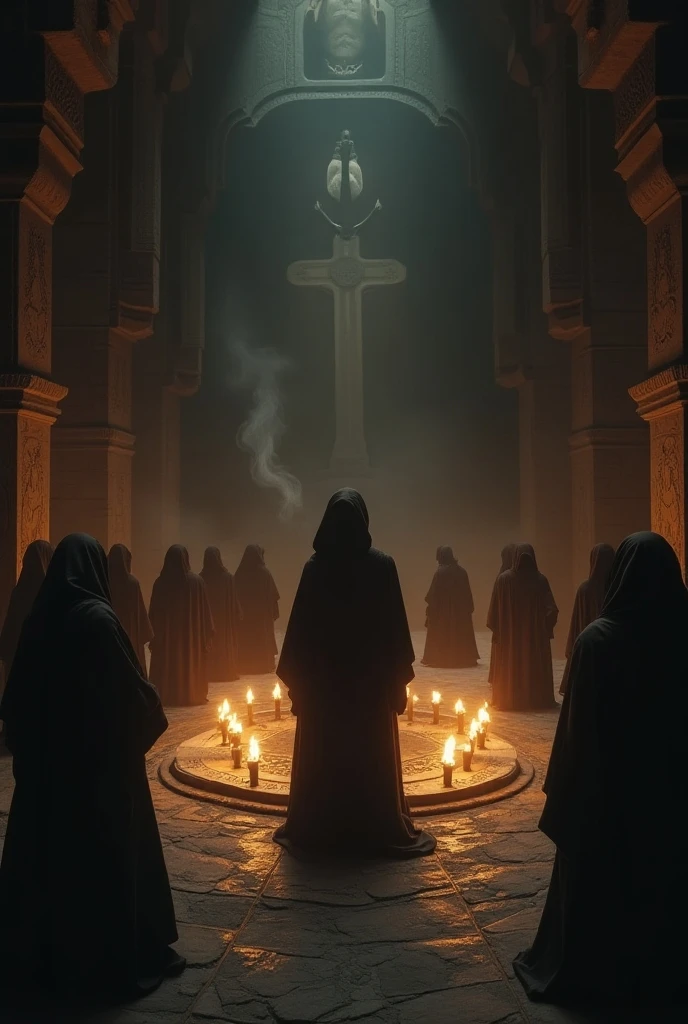 8k、(Extreme low angle), (number々の賞を受賞したmasterpiece、Incredible detail、Texture、Maximum details),red flame candle, (summoning magic),(St George's Church in Lalibela at night (Church of Saint George) - Ethiopia), (dark ritual),(dark organization)arafed image of a group of people in a church with candles,lit candle, dark cinematic concept art, elegant cinematic fantasy art, photorealistic dark concept art, by Beeple, dark robes, wojtek fus, gothic epic library concept, gothic epic library, epic cinematic concept art, dark concept art, Beeple and mike winkelmann, symmetrical epic fantasy art, High resolution, masterpiece, Highest quality, Intricate details, Very detailed, Clear focus, practical skin texture, texture, Shot with Canon, 85mm, Shallow and deep, Kodak Vision Color, Exactly, Very detailed, photograph_\(Extremist\), photographpractical, practical, Post-processing, Maximum details, Roughness, Real Life, Extremist practical, Photorealism, photographgraphy, 8K Ultra HD, photographgraphy