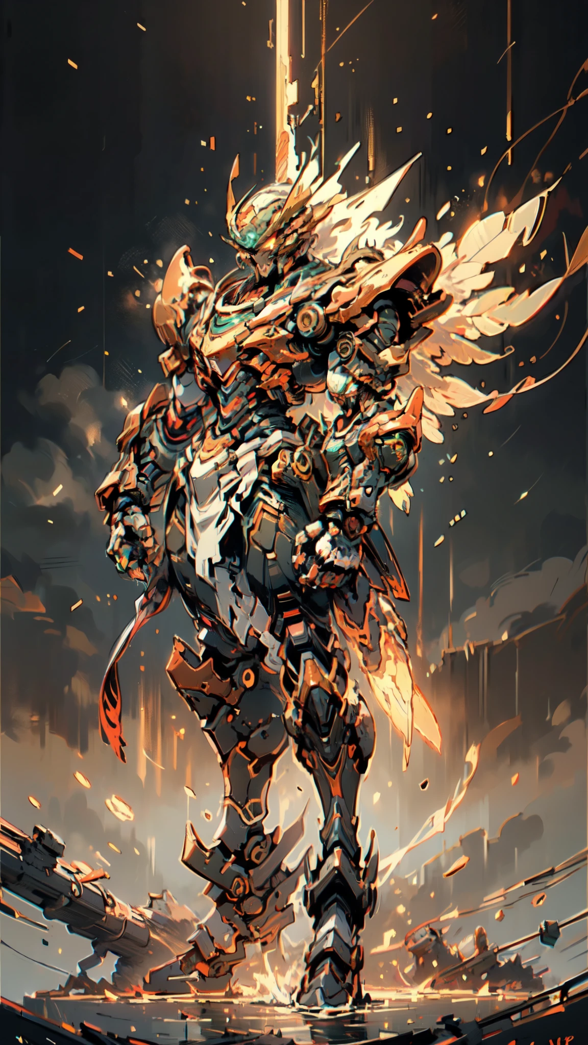 (masterpiece:1.5, best quality:1.5, extremely delicate:1.5), ((male:1.5)), Biomimetic humanoid Mecha, green eyes, fully enclosed shoulder guards, matching arm and leg guards, gemstone, full body, full armor, the design balances heavy with agility, organic biotech armor, (the color scheme is primarily White and Red with Golden accents, concept Inspired by Phoenix, glowing eyes, the armor glows), standing, floating high above the futuristic sci-fi city, a finely crafted Super robot in anime style, exquisite and mature art style, metallic, dramatic, high definition, highres, ultra-detailed, ultra-fine painting, professional, anatomically correct, symmetrical face, extremely detailed eyes and face, high quality eyes, creativity, RAW photo, UHD, 32k, Natural light, cinematic lighting, (masterpiece-anatomy-perfect:1.2)