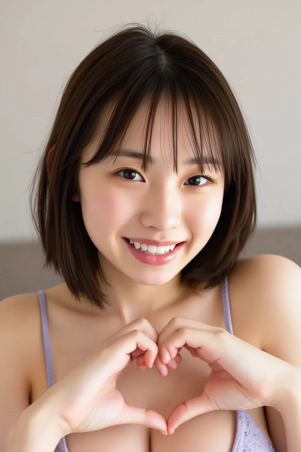 She is in a pose wearing a sexy camisole, making a firm big heart shape with both hands, and holding it in front of her chest, Close-up of a smiling face

