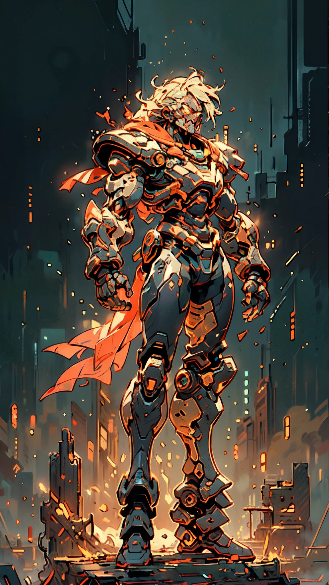 (masterpiece:1.5, best quality:1.5, extremely delicate:1.5), ((male:1.5)), Biomimetic humanoid Mecha, green eyes, fully enclosed shoulder guards, matching arm and leg guards, gemstone, full body, full armor, the design balances heavy with agility, organic biotech armor, (the color scheme is primarily White and Red with Golden accents, concept Inspired by Phoenix, glowing eyes, the armor glows), standing, floating high above the futuristic sci-fi city, a finely crafted Super robot in anime style, exquisite and mature art style, metallic, dramatic, high definition, highres, ultra-detailed, ultra-fine painting, professional, anatomically correct, symmetrical face, extremely detailed eyes and face, high quality eyes, creativity, RAW photo, UHD, 32k, Natural light, cinematic lighting, (masterpiece-anatomy-perfect:1.2)