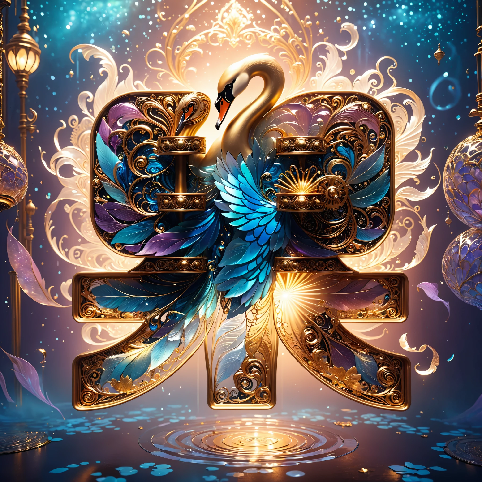  Elegant Picture of an Award-Winning Adorable Swan in Wonderland, magic, Fantastic, fantasy art concept,  Steampunk ,  intricate details,  best quality , masterpiece,  super clear, 超Realism, Realism, New booklet ,  Glowing Translucent Decorative Style ,  Rotating Organic Patterns 