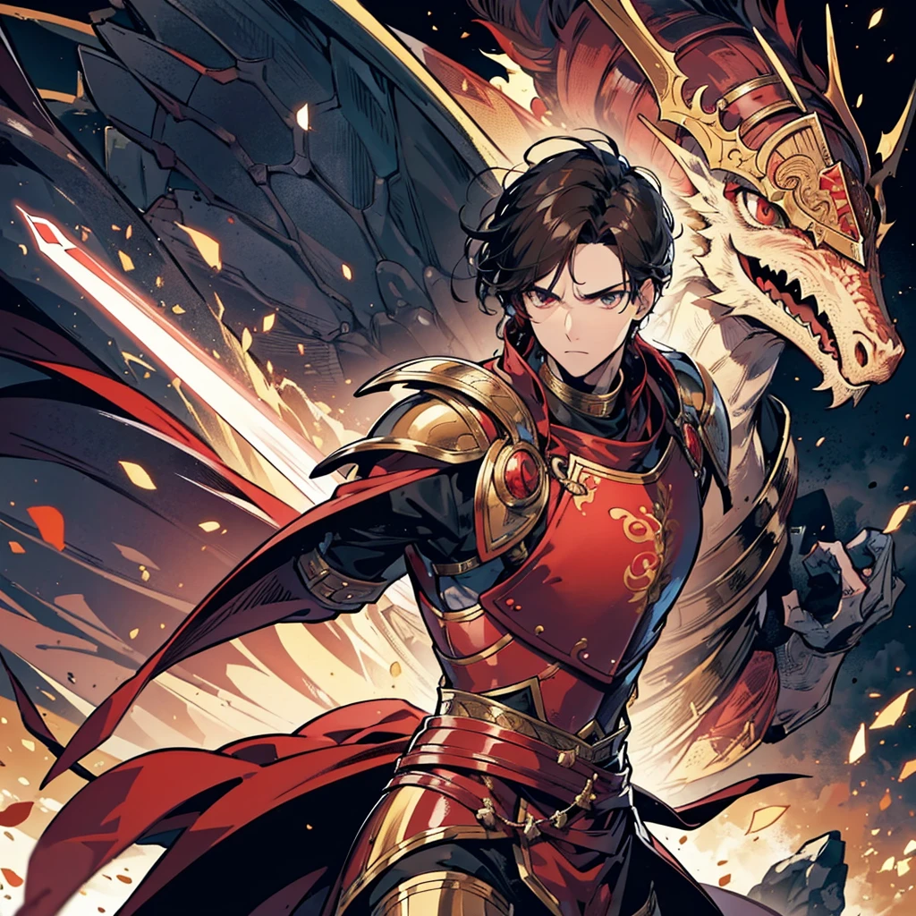 Male 2.0、solo2.0、 standing up close to black brown hair、Red Copper Armor、Young Hero King 1 .5、Golden Sword、Handsome face 1 .8、 riding a dragon 2 .0、