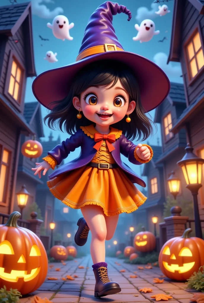 cute girl on the run，hi，Halloween atmosphere，3d，Trick or Treat