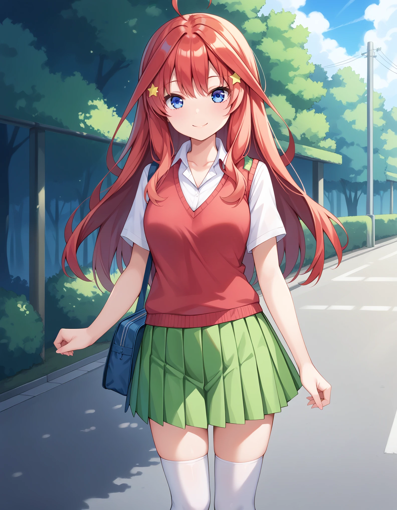 Masterpiece, hd, best quality, itsuki nakano, bangs, smile, blue eyes, hair between eyes, ahoge, red hair, star \(symbol\), hair ornament, star hair ornament, skirt, shirt, school uniform, collarbone, white shirt, short sleeves, pleated skirt, socks, collared shirt, miniskirt, kneehighs, white socks, green skirt, sweater vest, red sweater vest, standing, outdoor