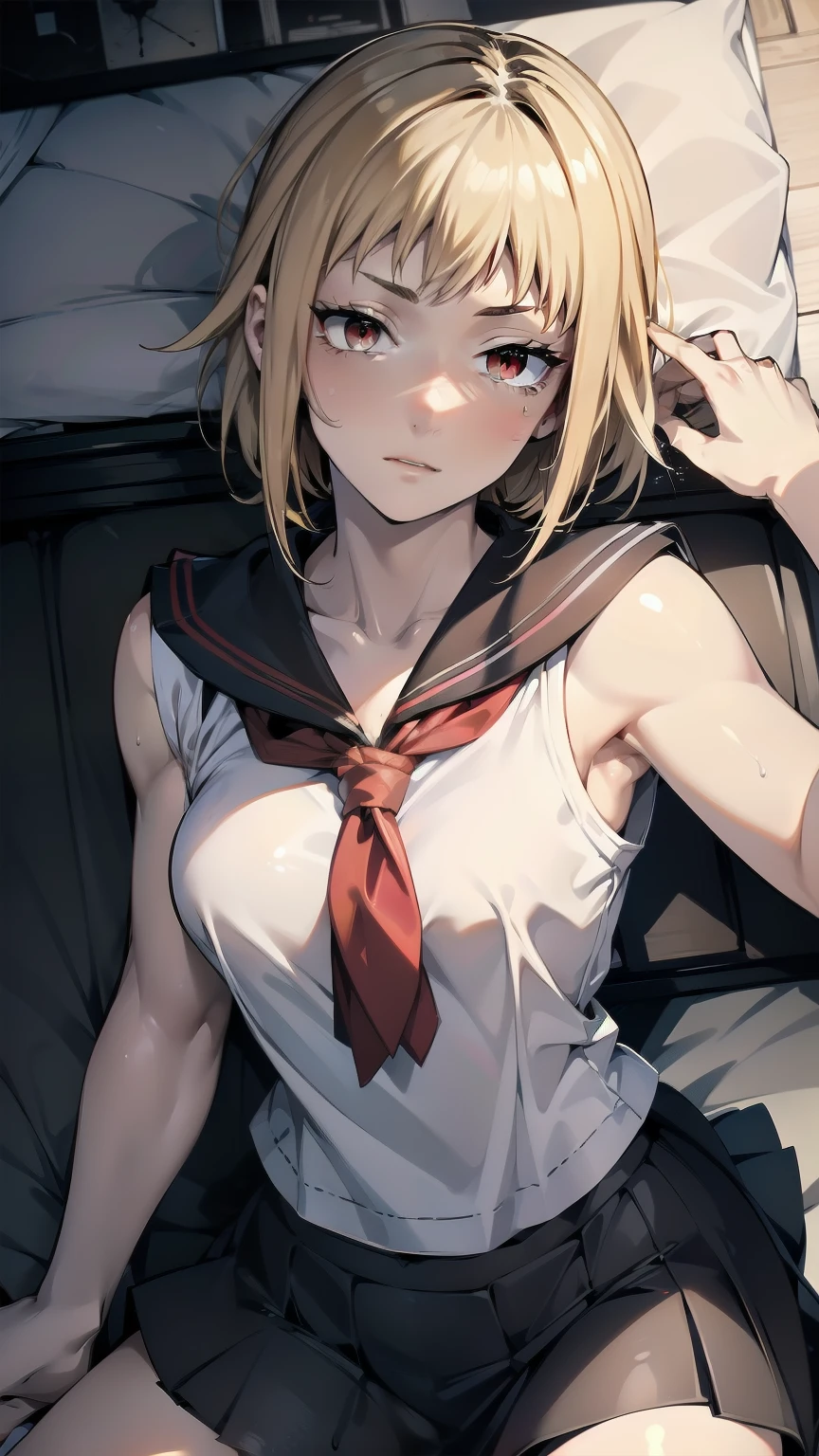 { masterpiece : best quality : high resolution : unity 8k wallpaper : illustration : beautiful detailed eyes : extremely detailed face : perfect lighting : extremely detailed CG : perfect hands : perfect anatomy } { horror_edit : realistic_anime } { scary_old_dirty_room} { 1girl  : Akane Sawatari (  : blonde_hair_with_brown_root , short_hair , red_eyes ) : perfectly_small_shaped_breast : perfectly_fit_body  : petite : blank_eyes : emotionless : : ( sailor_school_uniform. ) } {  : lying_down : messy_dirty_bed : rape : missionary_sex : pov : armpits : sweating:  : crazy_sex }