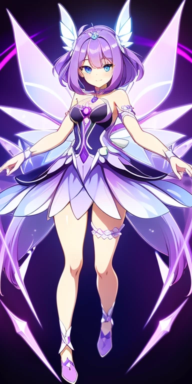 Full body, beautiful eyes ,(energy fairy)  , Ballgown, 1 girl  , full body , cute girl , anime style , cute eyes  , (standing up)   , (beautiful eyes)  , Smile, Looking at viewer, purple color scheme , crystals