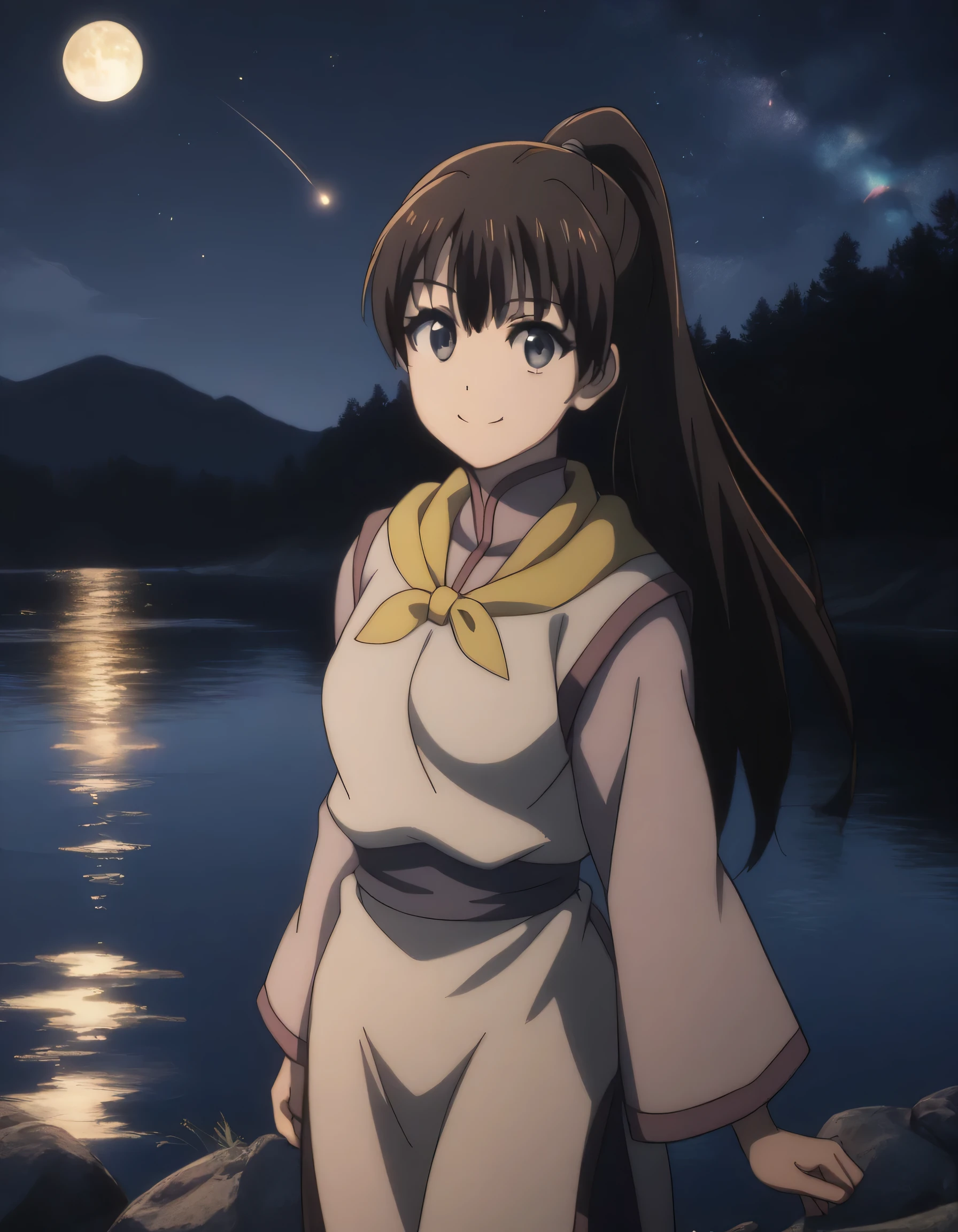 score_9, score_8_up, score_7_up, gsfghtr, multicolored robe, neckerchief, 1girl, bright, best lighting, front lighting, smile, night, moon, lake, shooting stars over a lake