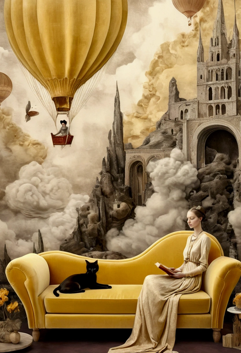 Overlaid texture on roughly woven canvas. collage fine art art deco fabric , Florine Stettheimer, catrin welz-stein, Gabriel Pacheco bas-relief realistic texture texture of the canvas Sepia effect metal paints. On a cloud held to the ground by silk threads is a sofa with a woman, yellow ochre dress sitting reading a book. cats, one Siamese are sitting next to her. Dreamlike landscape with hills, medieval towers, paths moving in multiple directions, castles, bridges, arches, stairs rising to the sky. Surreal dream world. warm and cold colors skillfully dosed. Octane color, meadows, hot air balloons, levelsat different heights.
