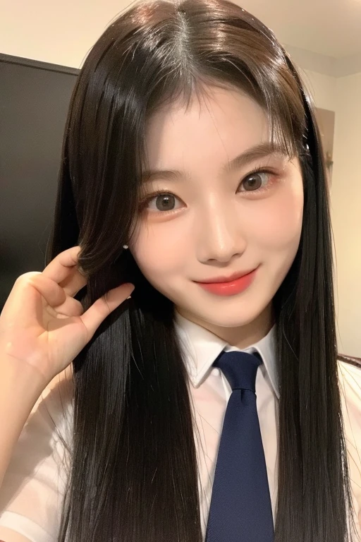 masterpiece, Best Quality, 8k, Ultra-dense skin,  perfect anatomy, upper body, cute, 1 girl,Full body zoom,Sana,Jet black hair, straight hair, oily, shiny skin, smooth skin, watch viewers,Sharp focus,Focus,classroom,uniform,Brown blouse, white shirt ,tie, wearing a skirt , tight body, exposure,18 years old,A seductive smile,double eyelid,Fine grain, excited , Sexy Poses , Erotic ,