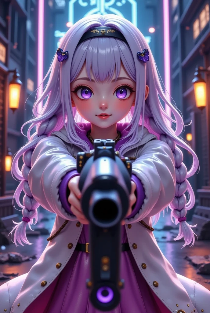 girl，  Purple Eyes  ， White hair,   purple hair, Long braids 。 Holding the gun with both hands，Target,    anime style，  intense lighting and shadows ,  Use fluorescent colors  ,  with fluorescent colors  .   cyberpunk characters , 32K, 