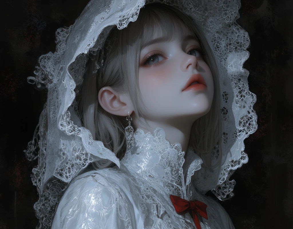 1girl look at me, white style, exquisite digital illustration, dark fantasy, intricate art work, dark background,