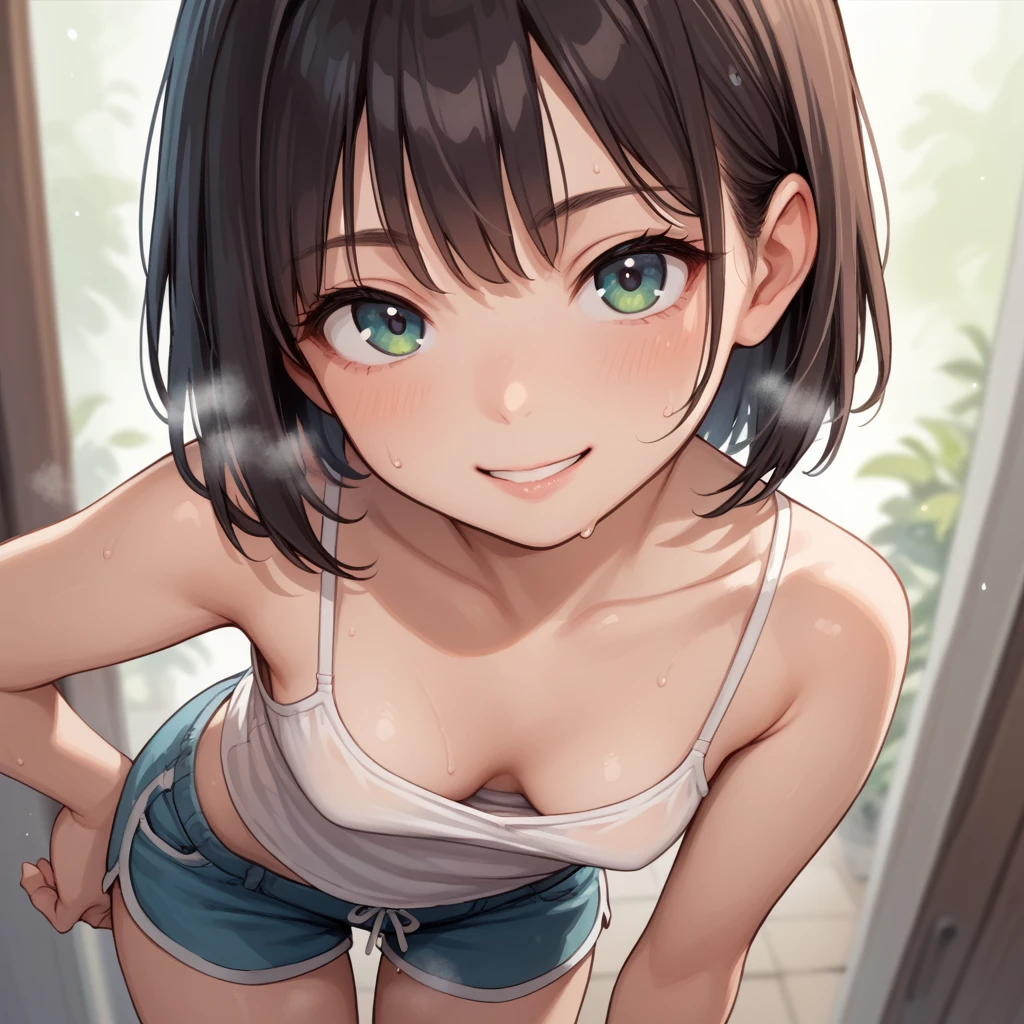 1girl ,,anime girl,,small breasts,looking viewer,smile,sweating,steaming,cleavage,leaning forward,from above,camisole,shorts