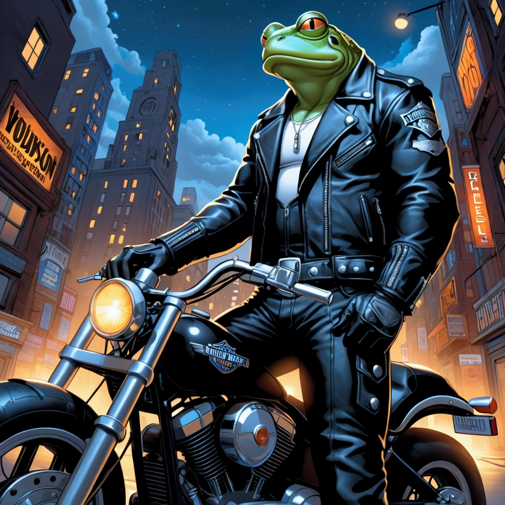 An extremely badass light blue and white bullfrog wearing an insanely cool black leather Harley Davidson biker jacket open, black leather biker gloves, black leather biker pants interpreted in a refined, Marc Silvestri-inspired comicbook illustration, positioned within an elaborate visual narrative of an advanced metropolis under the nocturnal sky, volumetric lighting, dramatic angles, highly contrasted, ultra-realistic, vibrant colors, characteristic visual