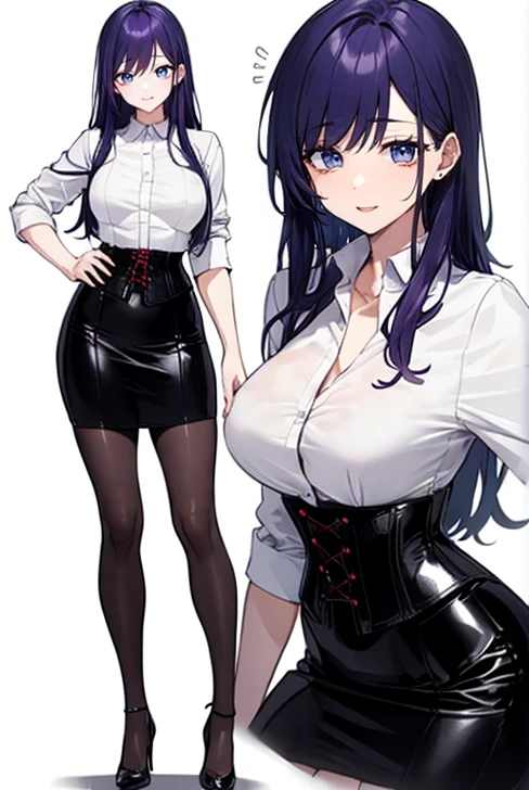 ((Perfect Face)),Purple Hair,Long Hair,Adult female,bartender,((corset)),((Shirt with rolled up sleeves)),tie,((slit)),High heels,,((Simple white background)),smile,((whole body)),((whole body)),Portraits,upright,,Both arms are down,upright,