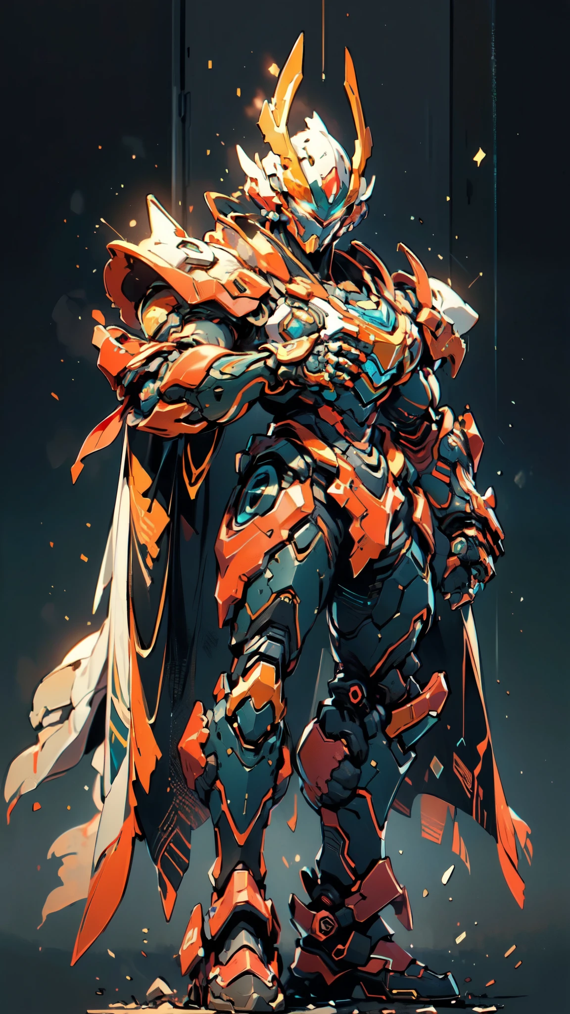 (masterpiece:1.5, best quality:1.5, extremely delicate:1.5), ((male:1.5)), Biomimetic humanoid Mecha, green eyes, fully enclosed shoulder guards, matching arm and leg guards, gemstone, full body, full armor, the design balances heavy with agility, organic biotech armor, (the color scheme is primarily White and Red with Golden accents, concept Inspired by Phoenix, glowing eyes, the armor glows), standing, floating high above the futuristic sci-fi city, a finely crafted Super robot in anime style, exquisite and mature art style, metallic, dramatic, high definition, highres, ultra-detailed, ultra-fine painting, professional, anatomically correct, symmetrical face, extremely detailed eyes and face, high quality eyes, creativity, RAW photo, UHD, 32k, Natural light, cinematic lighting, (masterpiece-anatomy-perfect:1.2)