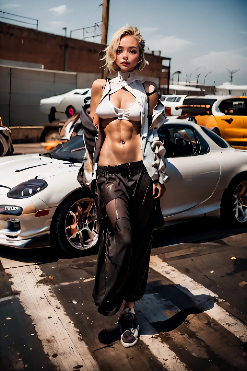 -tuned RX7, A beautiful woman in a dirty work clothes is beside the car, anatomically correct, Best Quality, Ultra Wide Angle, Small breasts, abs, Celebrity sunburn, Brown Skin, Show me the whole car 