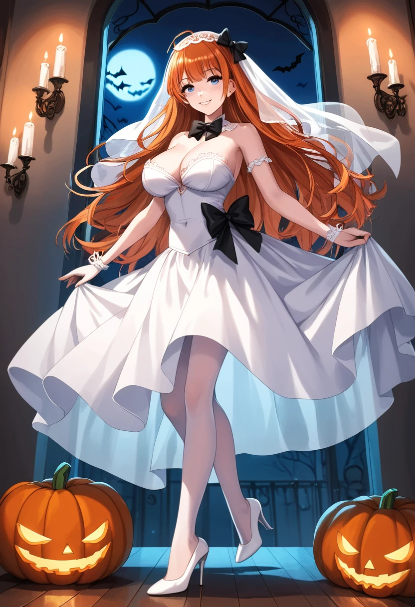 score_9, score_8, score_7, source_animated, 1mature_femenino,  white skin, Standing in front of a blackboard, smile, Looking at the public,  ghost costume , halloween,  Transparent ghost costume , white veil, Floating, black bow on the neck, white skirt,  transparent white lace tights, white heels, orange hair,  very long hair, Blue eyes,  big breasts , erotic anatomy, aula decoración de halloween, pumpkin, bats, candles, perfect body,  Perfect Anatomy , erotic anatomy,  perfect arms , Perfect fingers, perfect feet,  Perfect legs , perfect genitals, Perfect posture,  ambient light lighting .