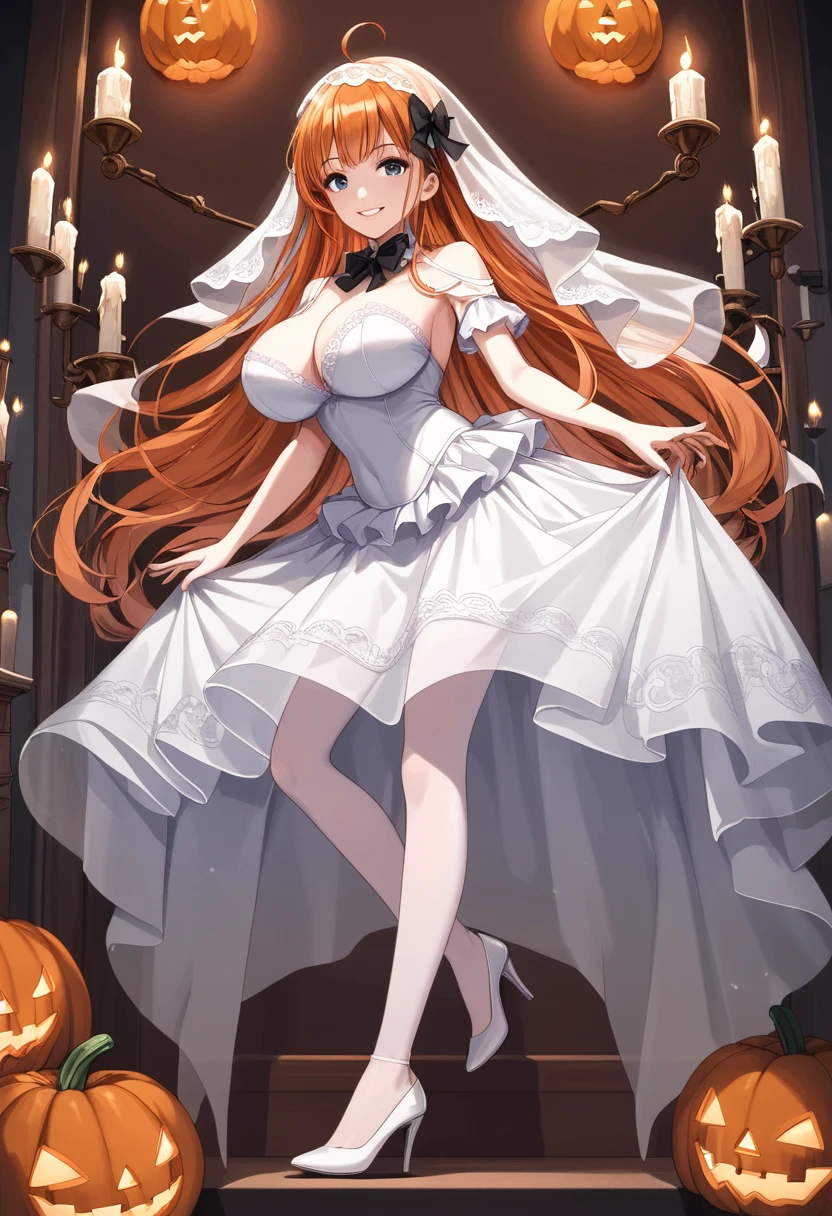 score_9, score_8, score_7, source_animated, 1mature_femenino,  white skin, Standing in front of a blackboard, smile, Looking at the public,  ghost costume , halloween,  Transparent ghost costume , white veil, Floating, black bow on the neck, white skirt,  transparent white lace tights, white heels, orange hair,  very long hair, Blue eyes,  big breasts , erotic anatomy, aula decoración de halloween, pumpkin, bats, candles, perfect body,  Perfect Anatomy , erotic anatomy,  perfect arms , Perfect fingers, perfect feet,  Perfect legs , perfect genitals, Perfect posture,  ambient light lighting .