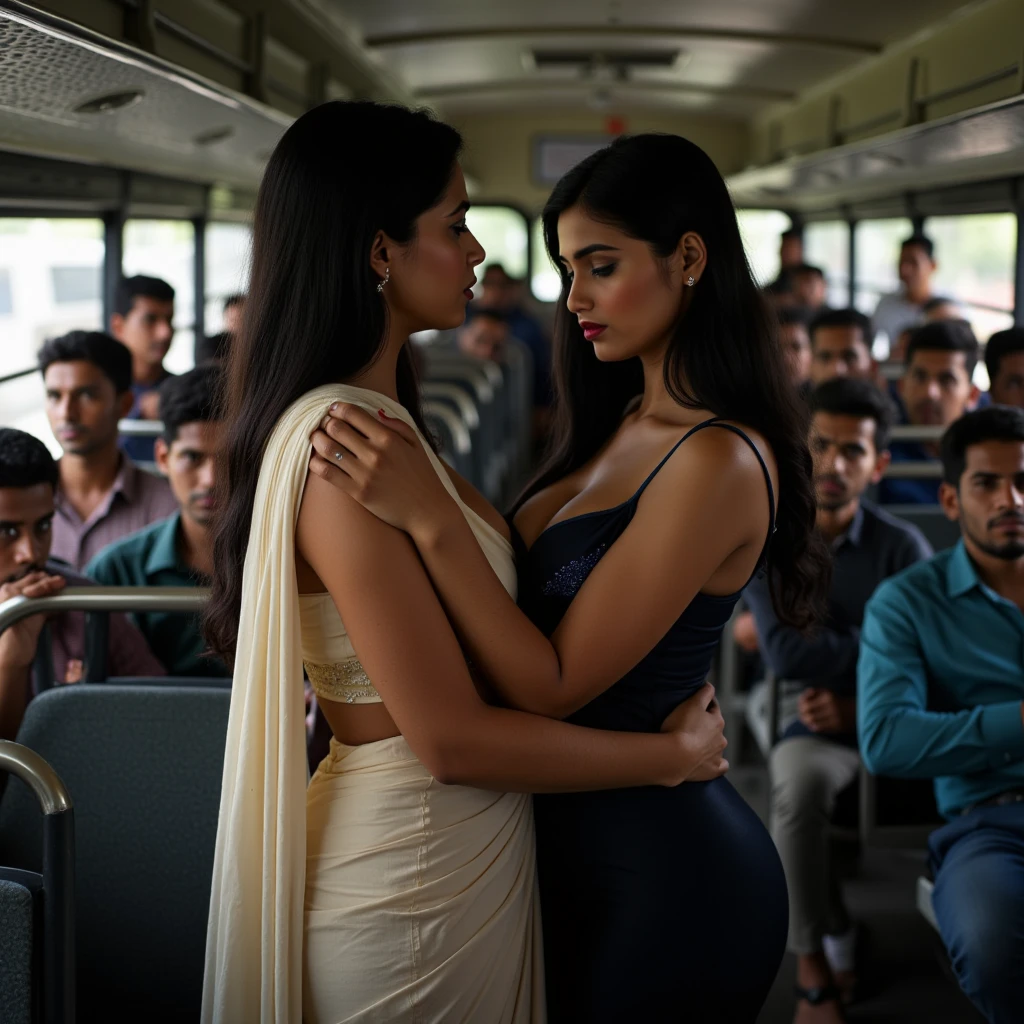 an indian girl dressed in salwar kameez and an indian boy dressed in casuals standing in close proximity inside a crowded bus packed with adult men and woman. The boy is standing to the left, and his both hand are placed on the fullest part of her chest and caressing her breasts. The girl is in front of him, slightly to the right, and is looking downwards with a focused and slightly intense expression. Her face is turned slightly toward the boy, showing a side profile view. They both appear deeply engaged with each other. She has long, dark black hair styled in loose waves that fall over her shoulders. Her deep U-shape neckline reveals a tantalising cleavage. Her busty breasts dominate her upper body filling up her entire chest, emphasised by the fitted clothing. The kameez features three-quarter sleeves and a knee-length hemline. Her lighter-shade dupatta is draped around her shoulders and cascades down her back. The camera is positioned at eye level, capturing the bus's depth and showing the crowd of passengers behind them. The bus with a low ceiling and large windows with black plastic frames and single bars across the middle. The bus has front-facing bench-style seats with metal frames and leather cushions, arranged in two wide parallel columns on either side of a central aisle. Each row has paired, closely spaced seats. The floor is textured metal, and the dull metallic walls have handrails along the flat-top.