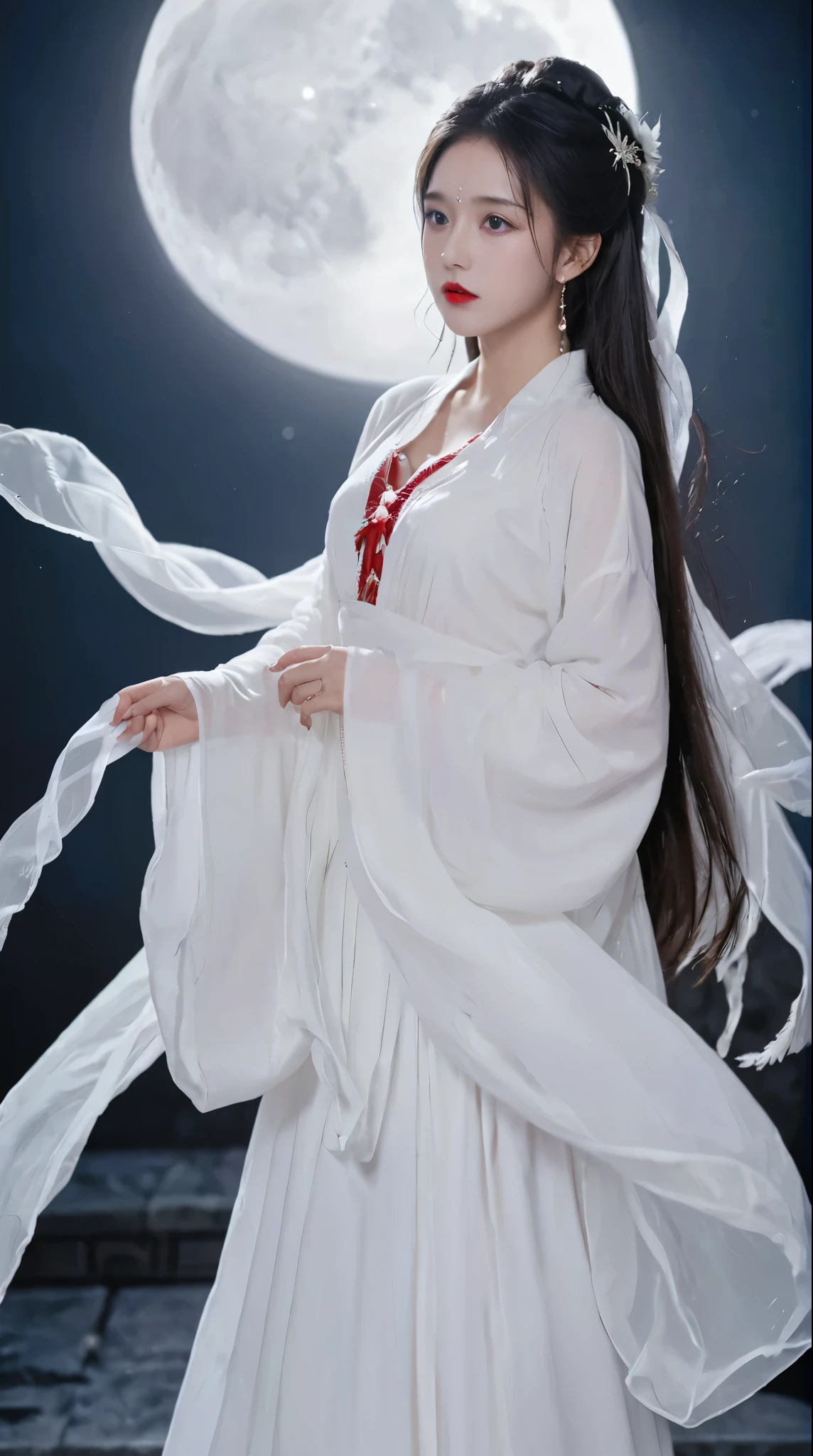  changexianzi ,cexz3 ,1 Girl, unique,Long hair,  looking for viewers , simple backgrounds, dark hair,Hair accessories,Long sleeve, white background ,skirt,Jewelry,  upper body ,earrings,Sky,Wide sleeves,white skirt,black eyes,Lips, perspective ,cosmetic,night, facial marker , Chinese clothing,moon,Lipstick,full moon,hair rings,shawl, forehead imprint, actual ,red Lips,Feather coat,Hanfu,