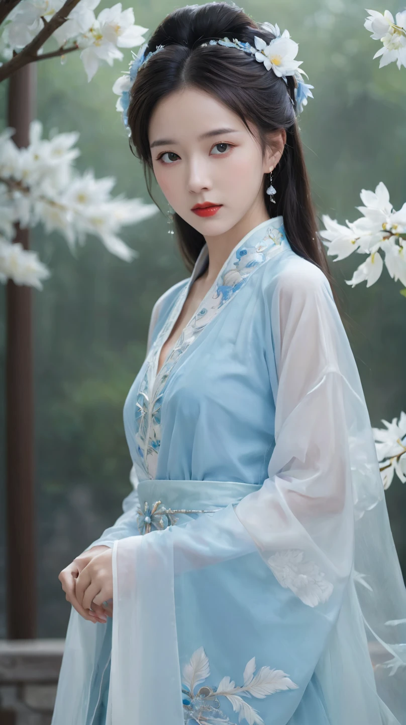 One wearing a blue and white cheongsam，'s close-up of a woman wearing flowers on her head, (( A beautiful fantasy queen )),  Beautiful digital illustrations ,  A beautiful fantasy queen , Inspired by Qiu Ying, palace ， 穿Hanfu的女孩, Inspired by Huang Ji, Beautiful young wind spirit , xianxia fantasy, Inspired by Ma Yuyuan , Inspired by Lan Ying,Feather coat,Hanfu