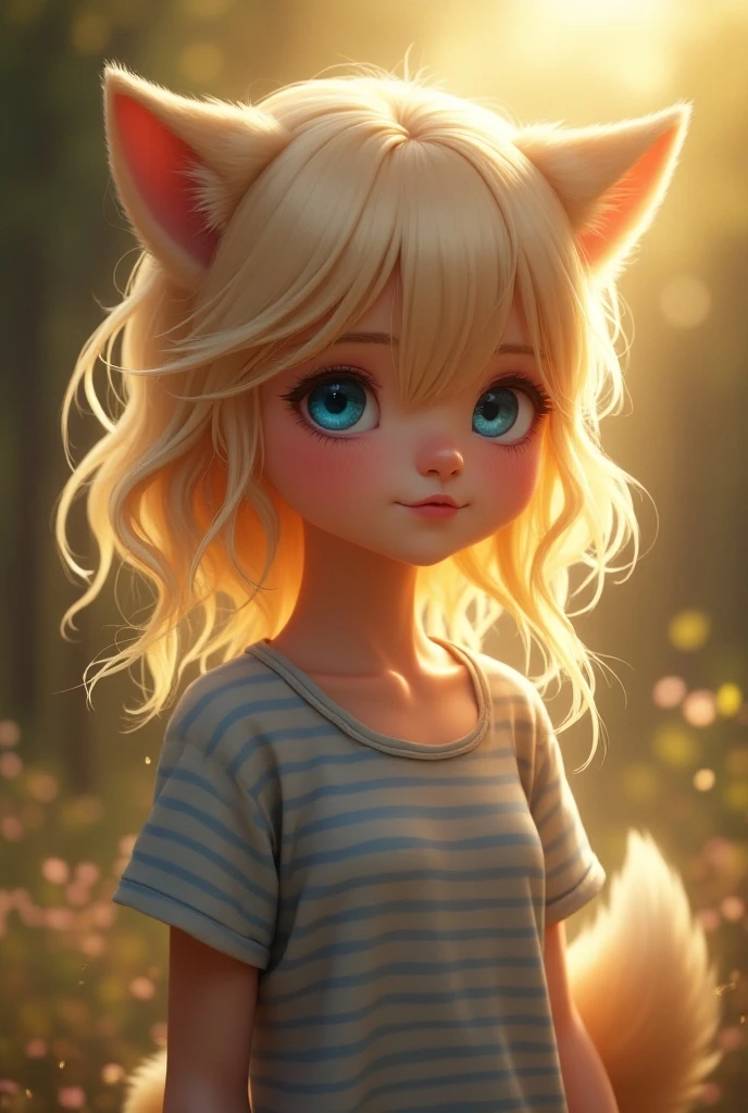 masterpiece, Best Quality, Wolf Girl,  elegant,  1 Girl, Wolf ears, Wolf&#39;s Tail, cute, Blushed,  watching viewers , the above,  blond wavy hair ,  miniskirt in length, black and white striped t-shirt,  blue eyes ,  beautiful eyes, Beautiful background, Particles of light, sun rays,  Dramatic Lighting , outside,  shiny , Realistic, masterpiece, Best Quality, ultra- Details,  Details, scenery, beautiful  Details eyes,  Details hair