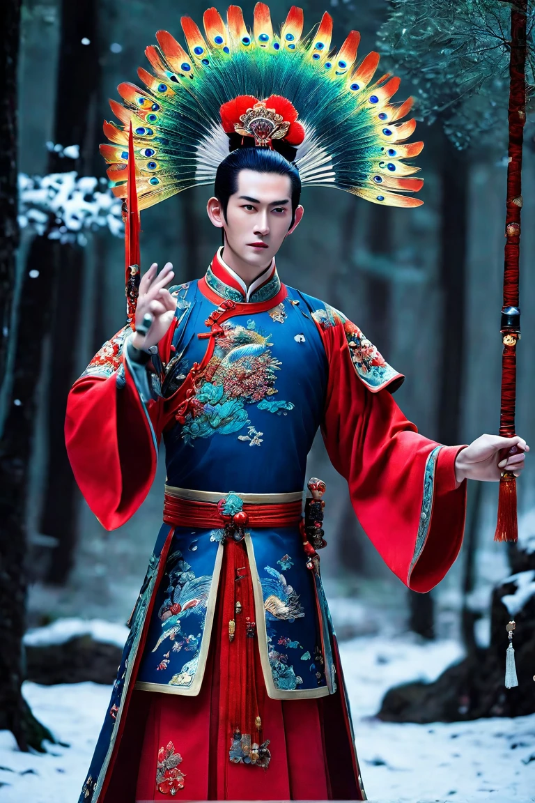 XCYP  , beast in Chinese mythology , The puppet Peacock King wears luxurious Hanfu and armor, red red magic suit , behind it is a magic circle that shines red , standing in a dark forest with a shining weapon in hand ,snow, Detailsに富む,Genuineistic, Details, RAW Photos,Best Quality,(Genuine, photo Genuine:1.2)  movie poster  (original photo) (extremely  Details CG Unified 8k wallpaper)  Detailsかつ複雑,original, Kampala. 32K uhd,ultra- Kampala,Best Quality,masterpiece.,