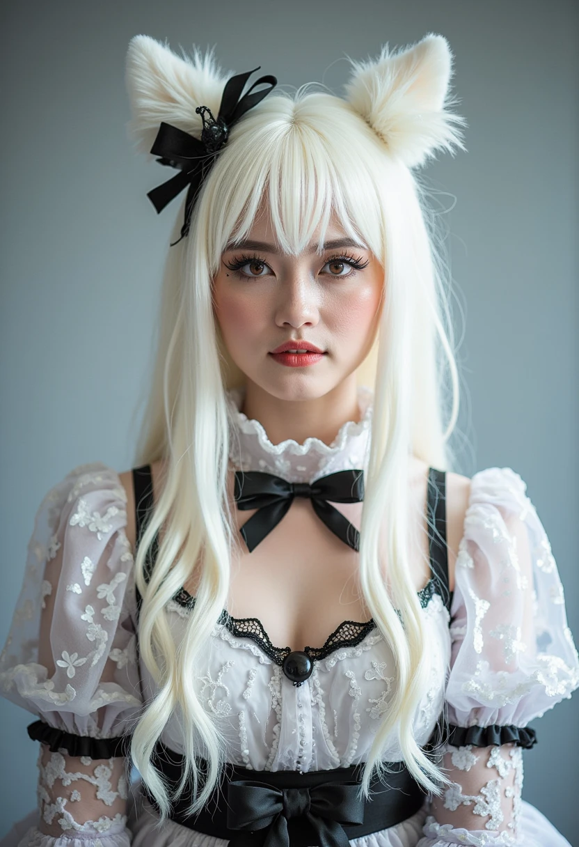 cosplayer,  long plain white wig with fringe, red eyes, A bit fat Halloween style 