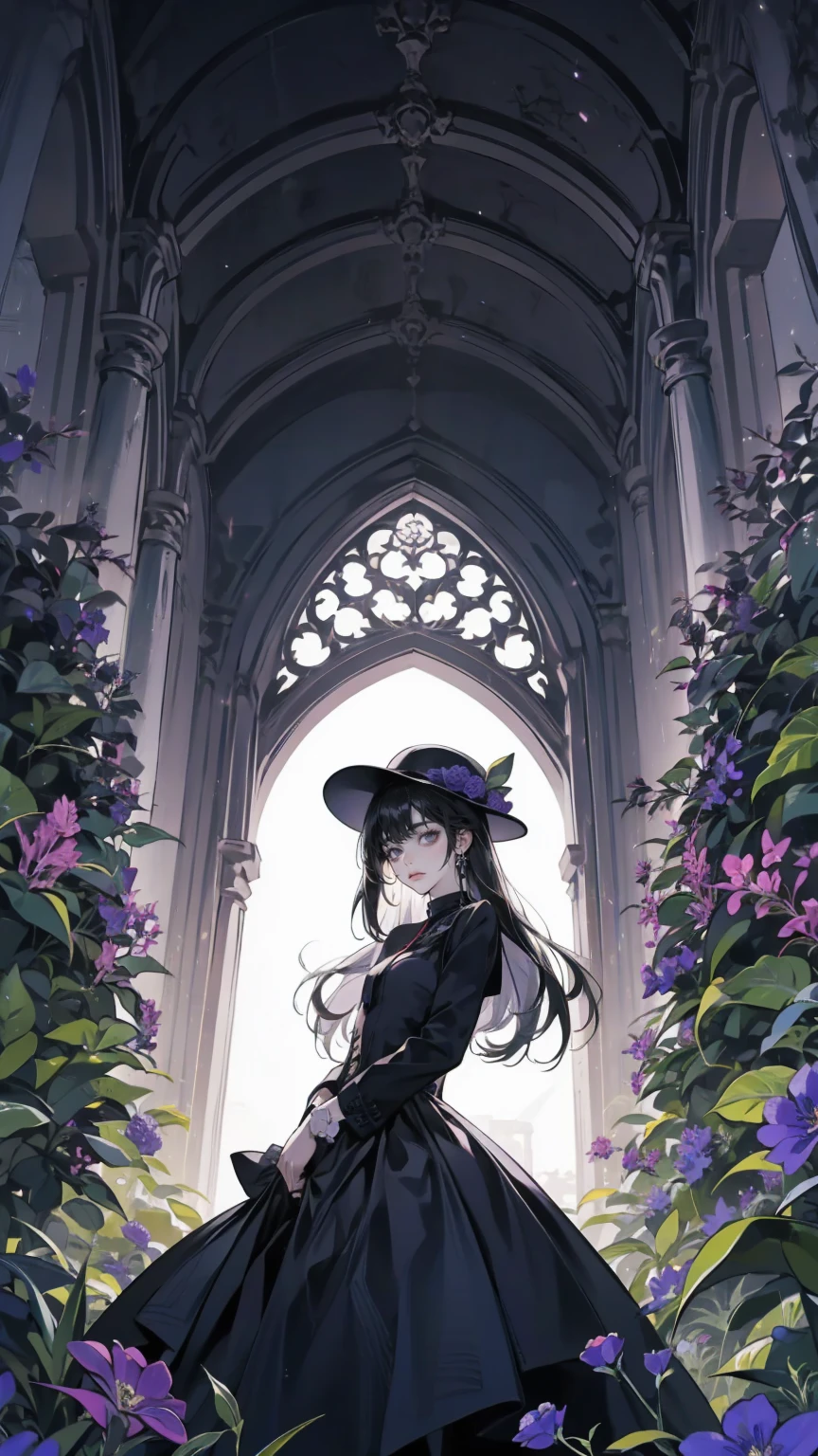 ネオゴススタイルの   girl, Wearing a black dress and a white collar,   wearing a black hat   、Wearing heavy makeup,   She's standing in an enigmatic garden   、Surrounded by vines   .  dark purple flowers are in full bloom in the garden   .、Gothic architecture in the background。.   girl&#39;Iの髪は黒色、   her hair is long braided   .、   red roses blooming next to her   。. Her eyes are sharp、It&#39;stabbing.,   thick black eyeliner and long lashes  .   she has white skin  .、Lips bright red.. The atmosphere is gloomy and eerie, Dim lighting casts long shadows.   This work is a collaboration between digital illustration and photography.., result、そのresult、Incredibly high resolution images。. Most colors are dark、I&#39;kind,   dark red and purple create a dark beauty   ..    The overall style is neo-gothic    ., Horror,   portrait photo of a cubs hugging ,   creates a unique and fascinating visual experience   .Dark Imagery