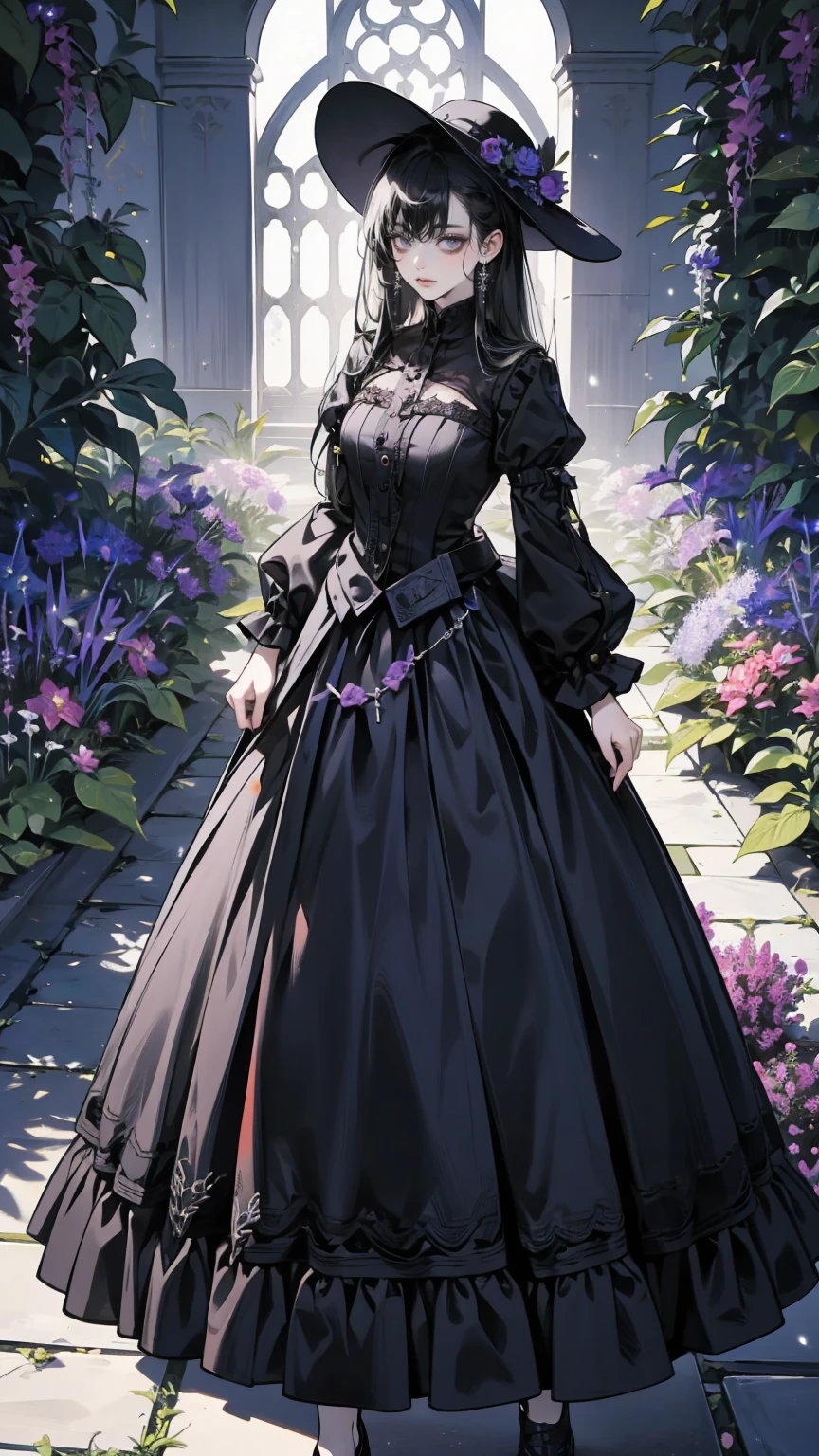 ネオゴススタイルの   girl, Wearing a black dress and a white collar,   wearing a black hat   、Wearing heavy makeup,   She's standing in an enigmatic garden   、Surrounded by vines   .  dark purple flowers are in full bloom in the garden   .、Gothic architecture in the background。.   girl&#39;Iの髪は黒色、   her hair is long braided   .、   red roses blooming next to her   。. Her eyes are sharp、It&#39;stabbing.,   thick black eyeliner and long lashes  .   she has white skin  .、Lips bright red.. The atmosphere is gloomy and eerie, Dim lighting casts long shadows.   This work is a collaboration between digital illustration and photography.., result、そのresult、Incredibly high resolution images。. Most colors are dark、I&#39;kind,   dark red and purple create a dark beauty   ..    The overall style is neo-gothic    ., Horror,   portrait photo of a cubs hugging ,   creates a unique and fascinating visual experience   .Dark Imagery